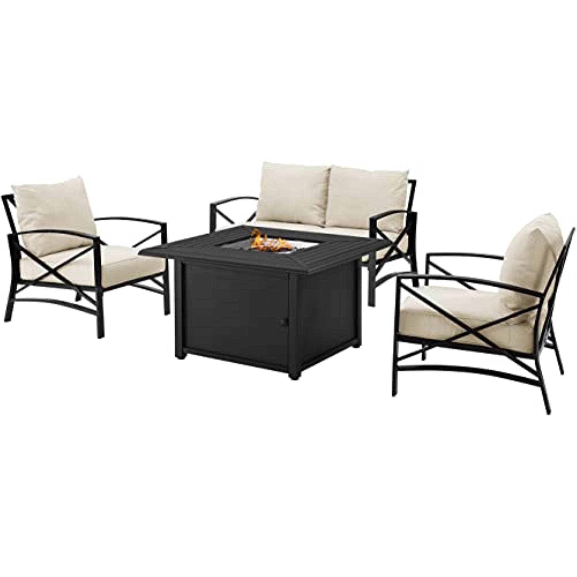 Ko60037Bz-Ol Kaplan 4Pc Outdoor Metal Conversation Set With Fire Table - Loveseat, Dante Fire Table, 2 Arm Chairs - Oatmeal/Oil Rubbed Bronze
