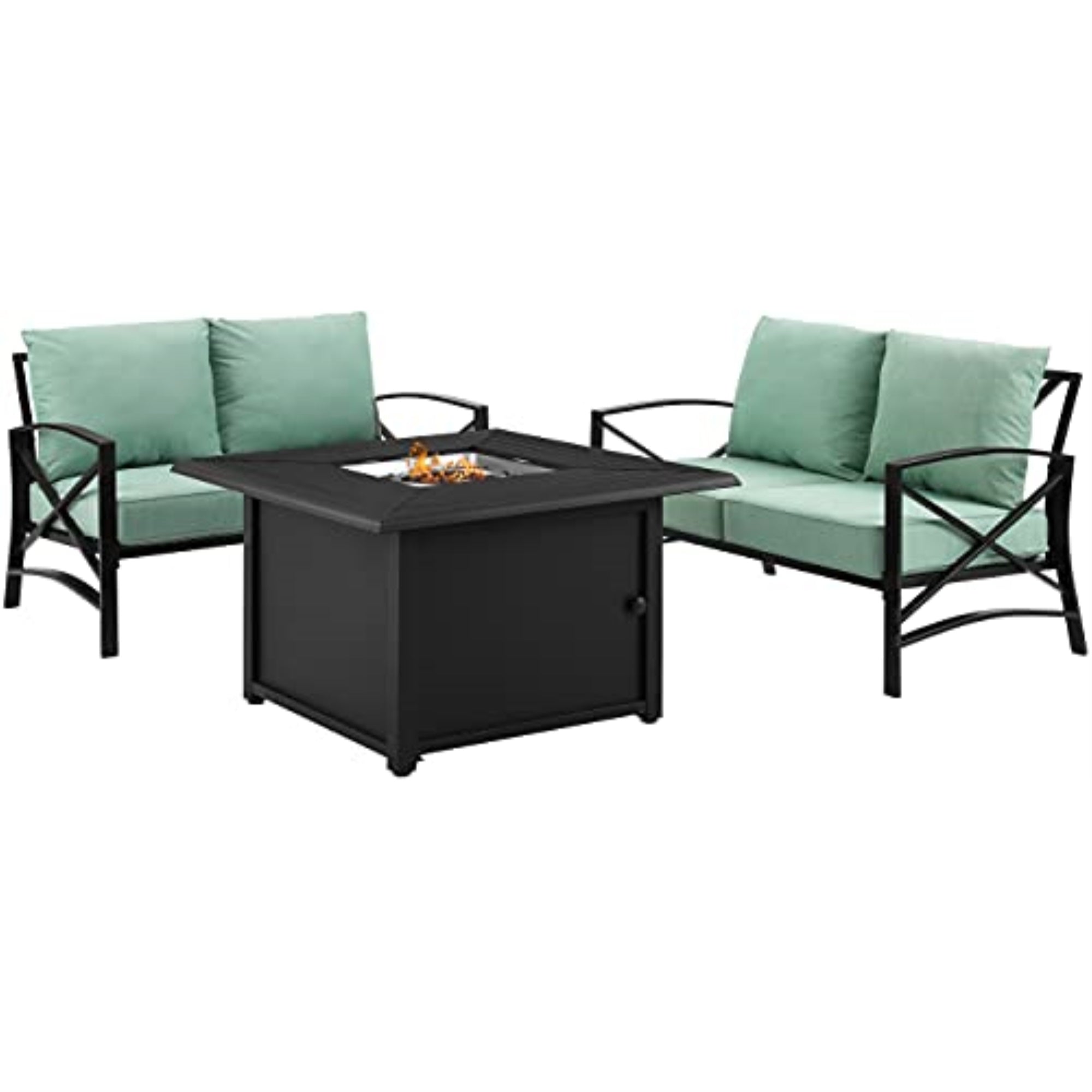 Kaplan 3Pc Outdoor Metal Conversation Set With Fire Table - Sturdy Steel Loveseats & Propane-Powered Fire Table By Ergode