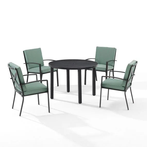 Kaplan 5Pc Outdoor Metal Round Dining Set In Mist - Sturdy Steel Construction, Comfortable Cushions, Umbrella Hole, Weather-Resistant, Elegant Design