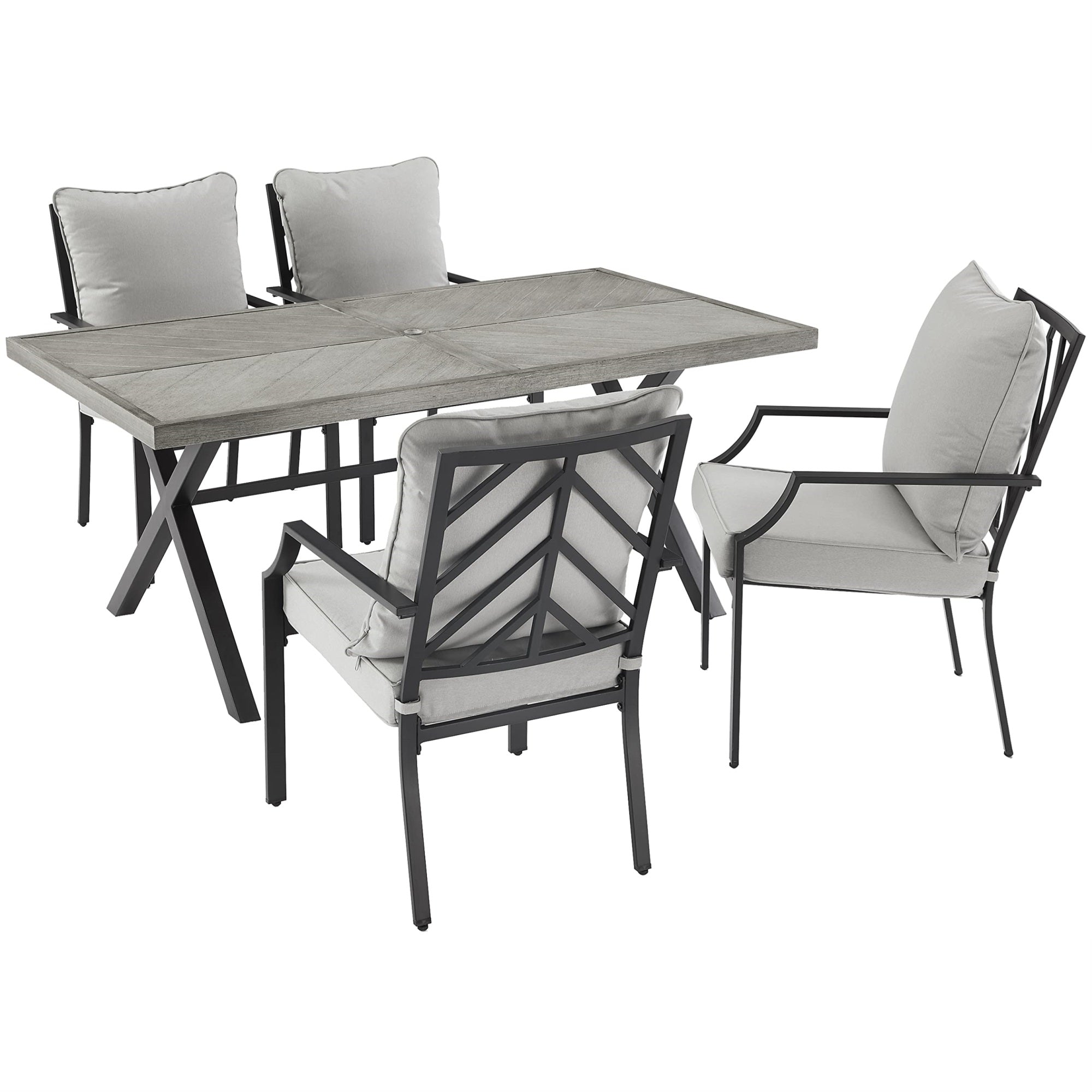 Casafoyer Furniture Otto 5-Piece Chevron Outdoor Dining Set For 4, Patio Table And Chairs For Backyard, Deck, Matte Black With Gray Cushions