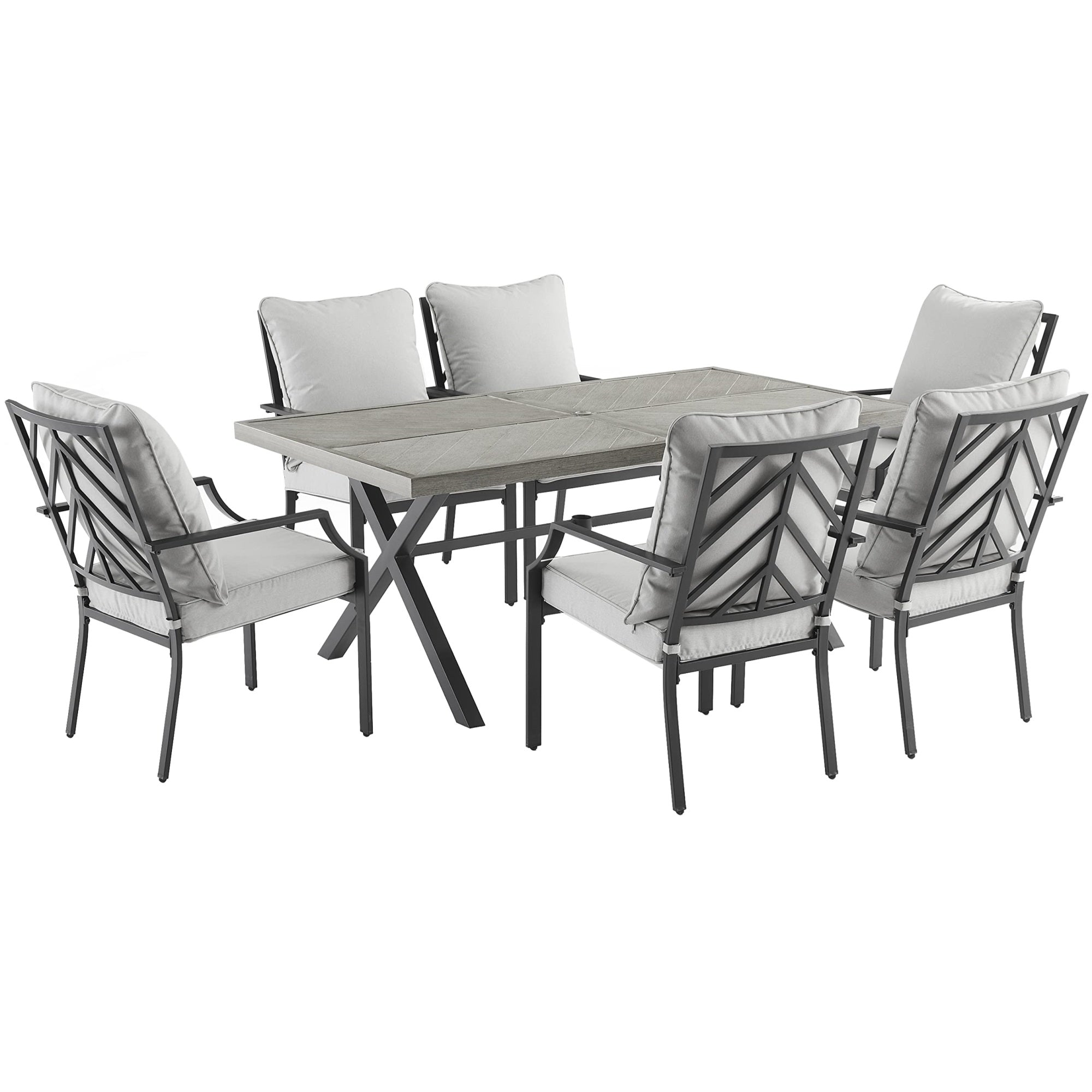 Casafoyer Furniture Otto 7-Piece Chevron Outdoor Dining Set For 6, Patio Table And Chairs For Backyard, Deck, Matte Black With Gray Cushions