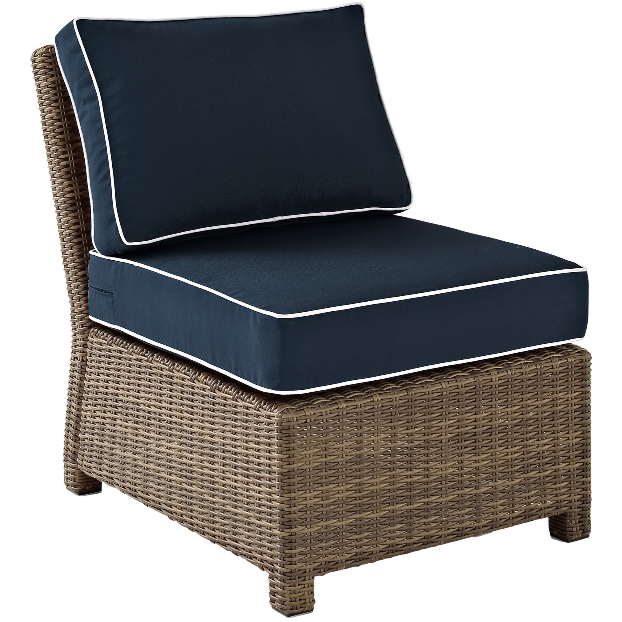 Casafoyer Furniture Bradenton Armless Outdoor Sectional Chair, Wicker Patio Chairs For Porch, Deck, Backyard, Brown With Navy Cushions
