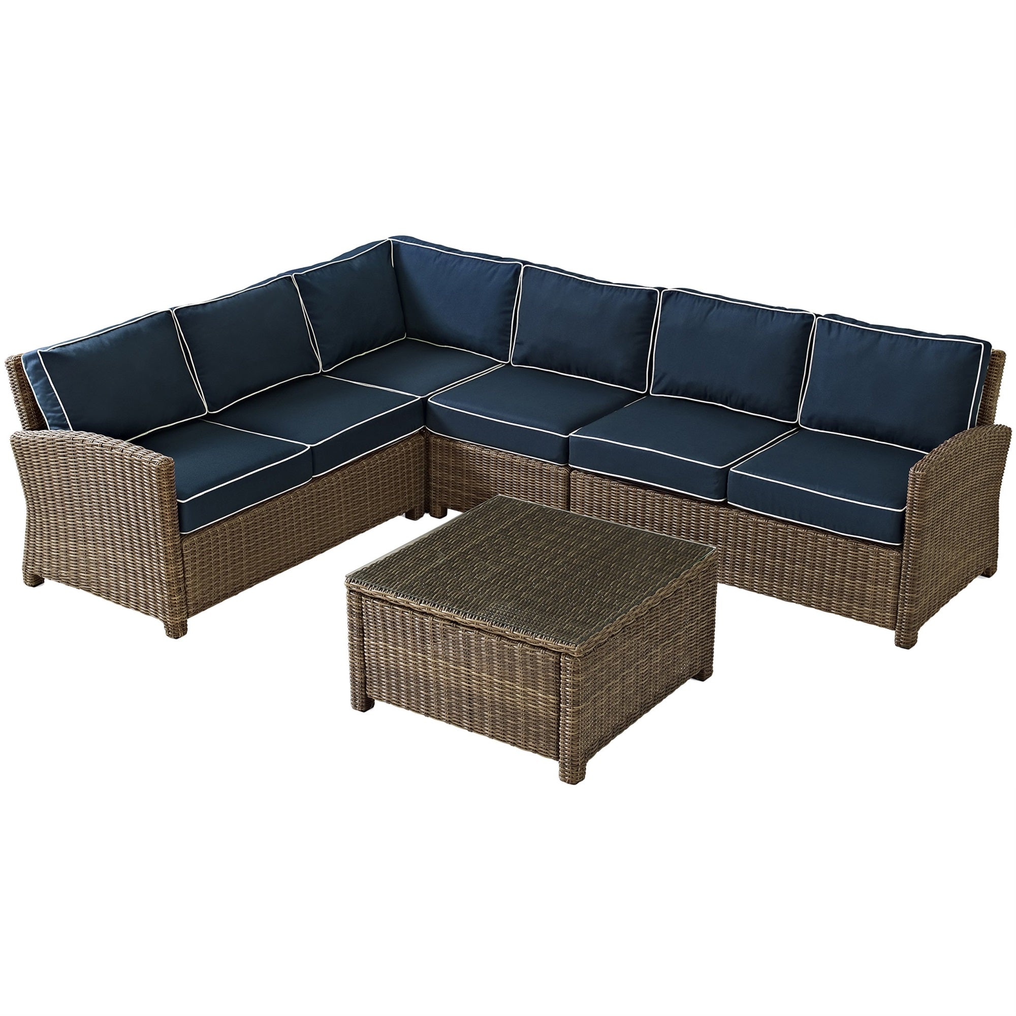 Casafoyer Furniture Bradenton 5-Piece Outdoor Sectional Sofa Wicker Conversation Patio Furniture Set For Deck, Brown With Navy Cushions
