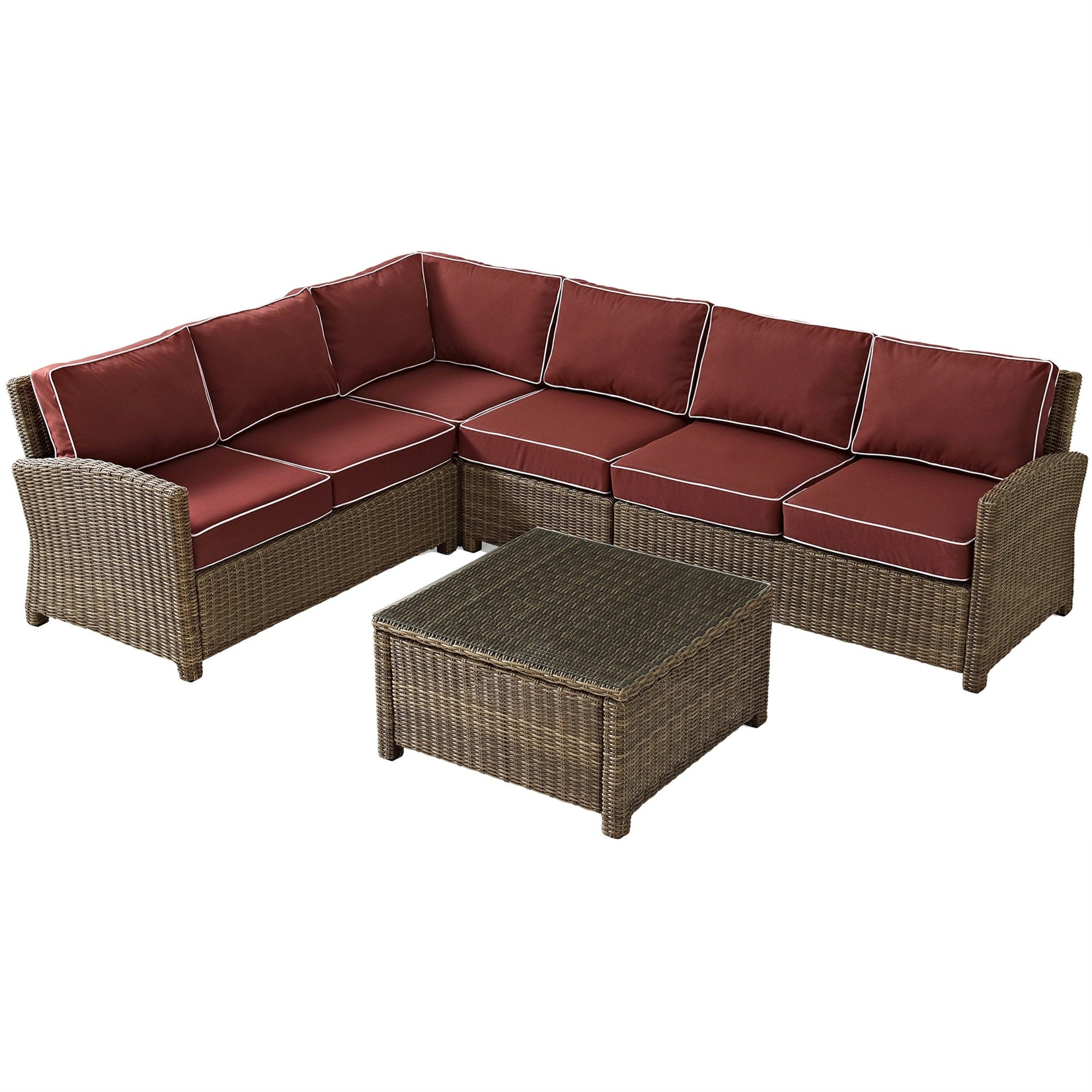 Casafoyer Furniture Bradenton 5-Piece Outdoor Sectional Sofa Wicker Conversation Patio Furniture Set For Deck, Brown With Sangria Cushions