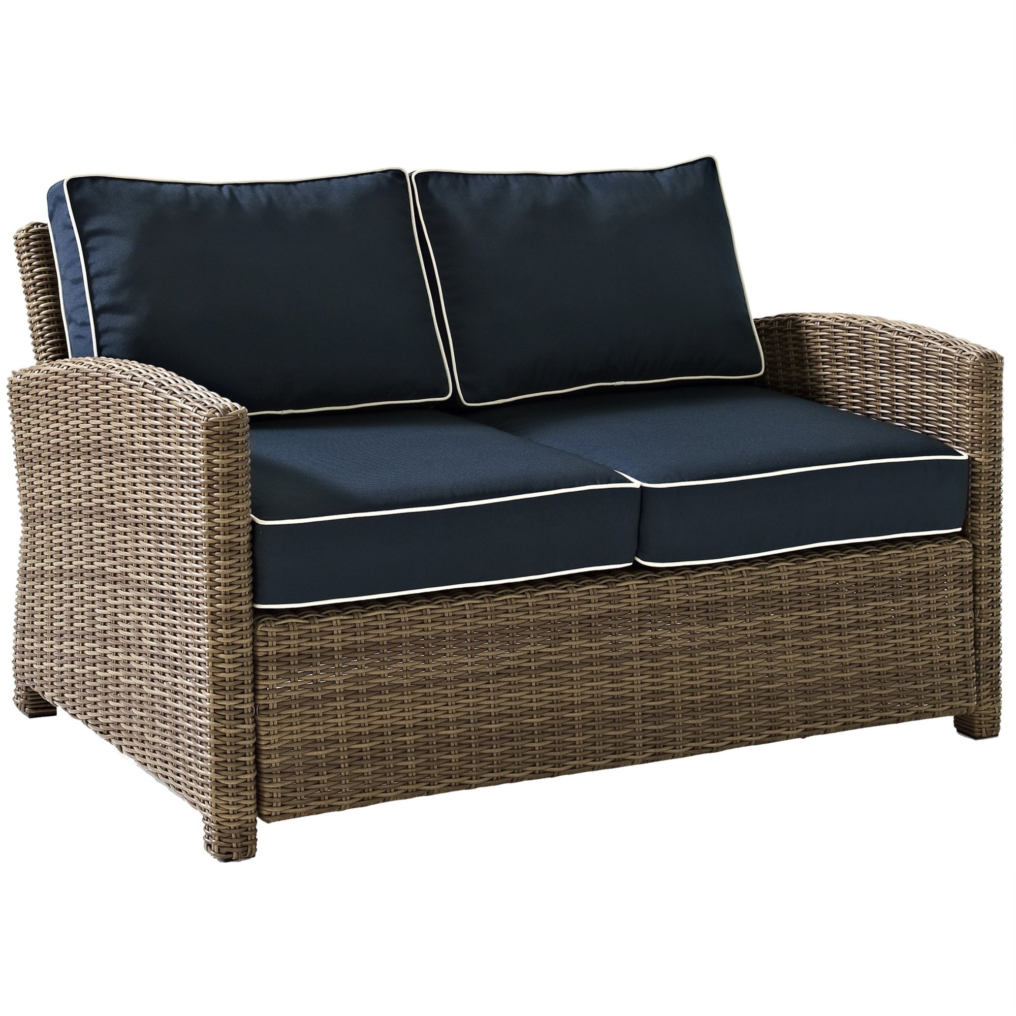 Casafoyer Furniture Bradenton Wicker Outdoor Loveseat, 2-Person Patio Couch For Porch, Deck, Backyard, Brown With Navy Cushions