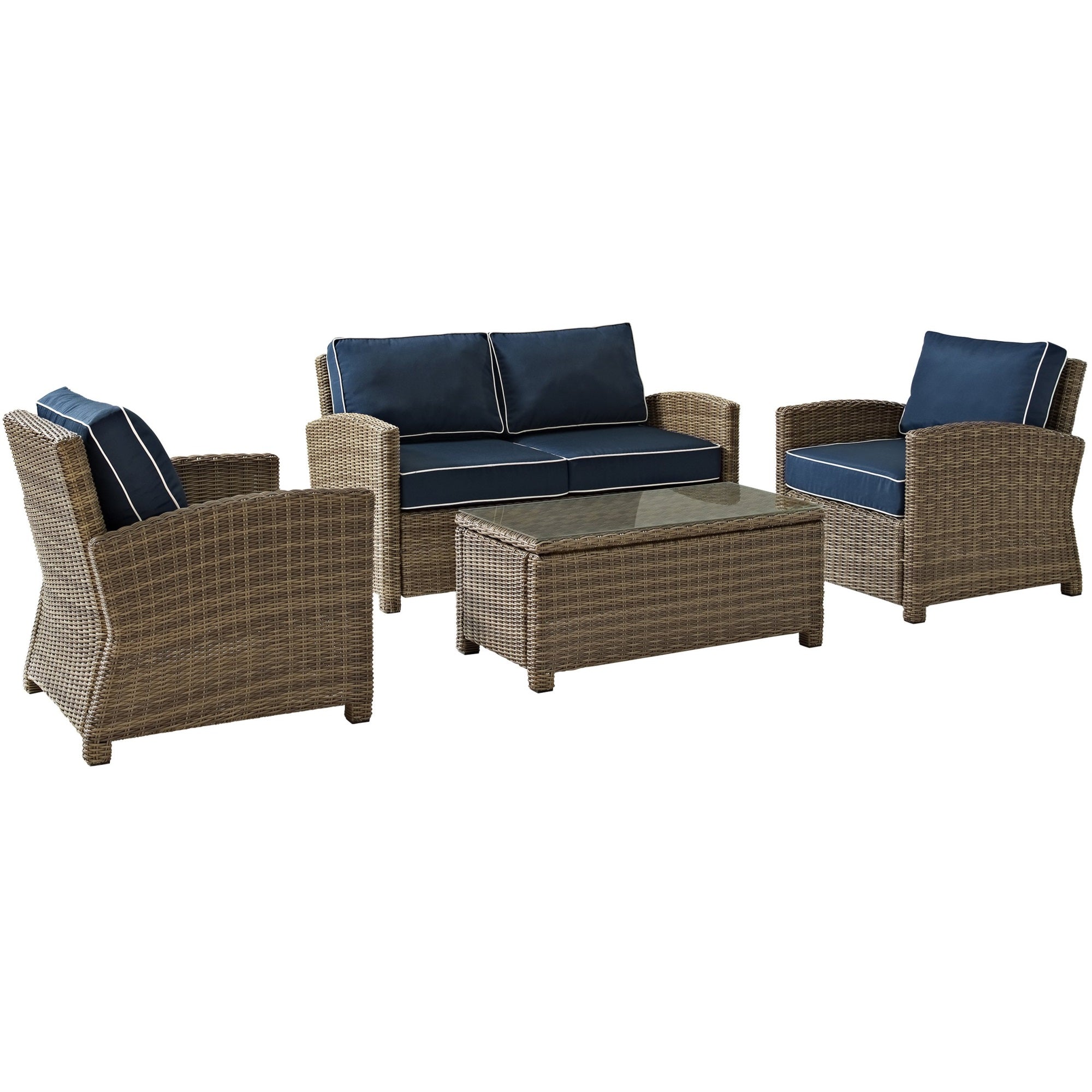 Casafoyer Furniture Bradenton 4-Piece Outdoor Loveseat Patio Furniture Set, Wicker Conversation Sets For Porch, Brown With Navy Cushions