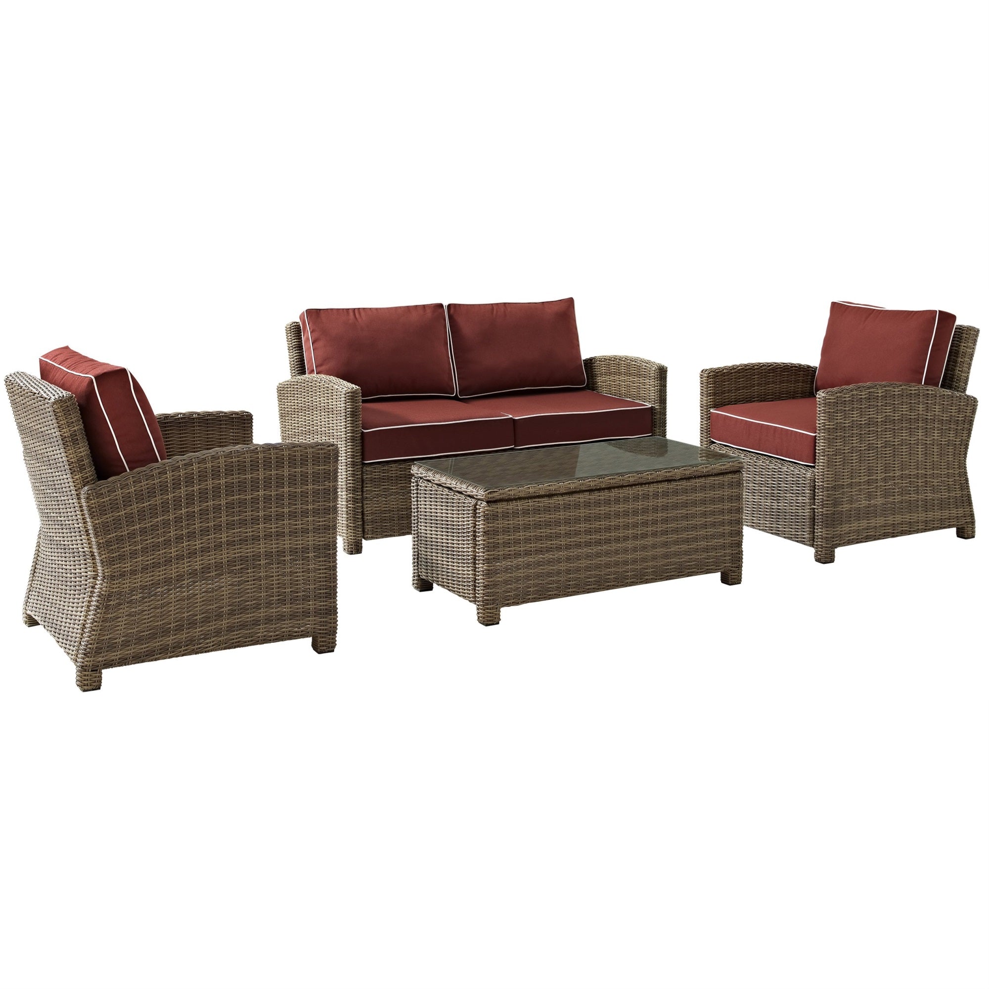 Casafoyer Furniture Bradenton 4-Piece Outdoor Loveseat Patio Furniture Set, Wicker Conversation Sets For Porch, Brown With Sangria Cushions