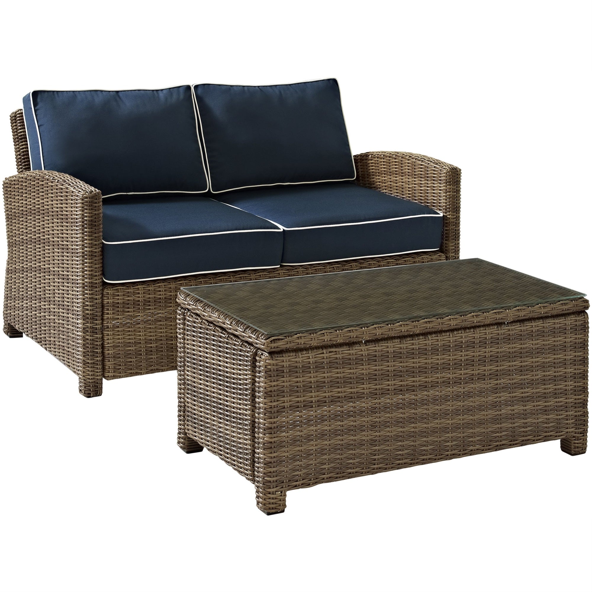 Casafoyer Furniture Bradenton 2-Piece Wicker Outdoor Coffee Table And Loveseat Patio Furniture Set For Porch, Brown With Navy Cushions