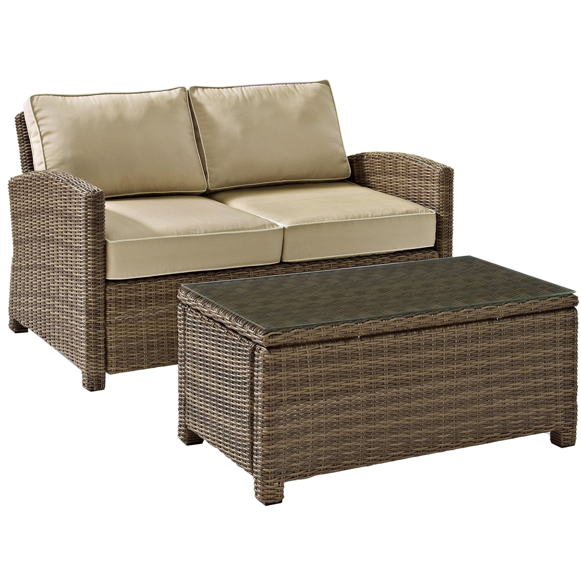 Casafoyer Furniture Bradenton 2-Piece Wicker Outdoor Coffee Table And Loveseat Patio Furniture Set For Porch, Brown With Sand Cushions