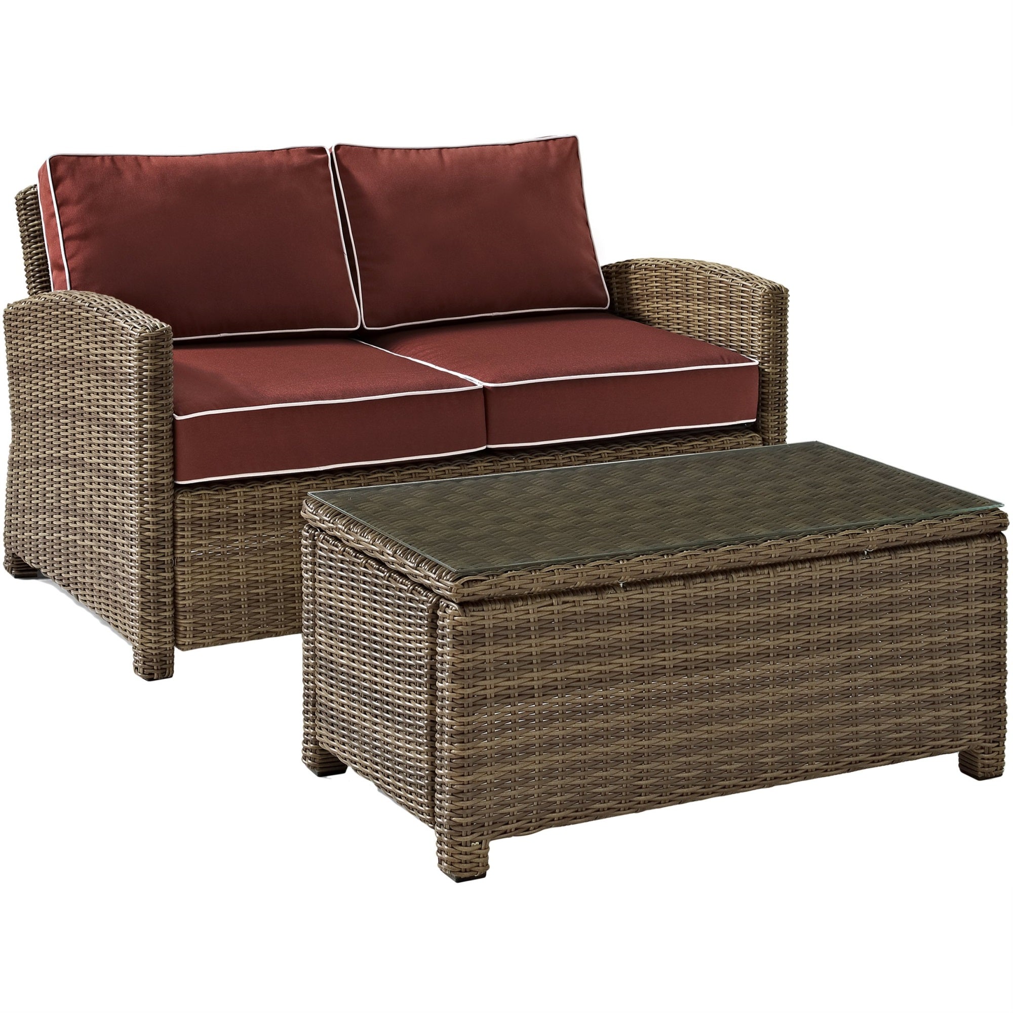 Casafoyer Furniture Bradenton 2-Piece Wicker Outdoor Coffee Table And Loveseat Patio Furniture Set For Porch, Brown With Sangria Cushions