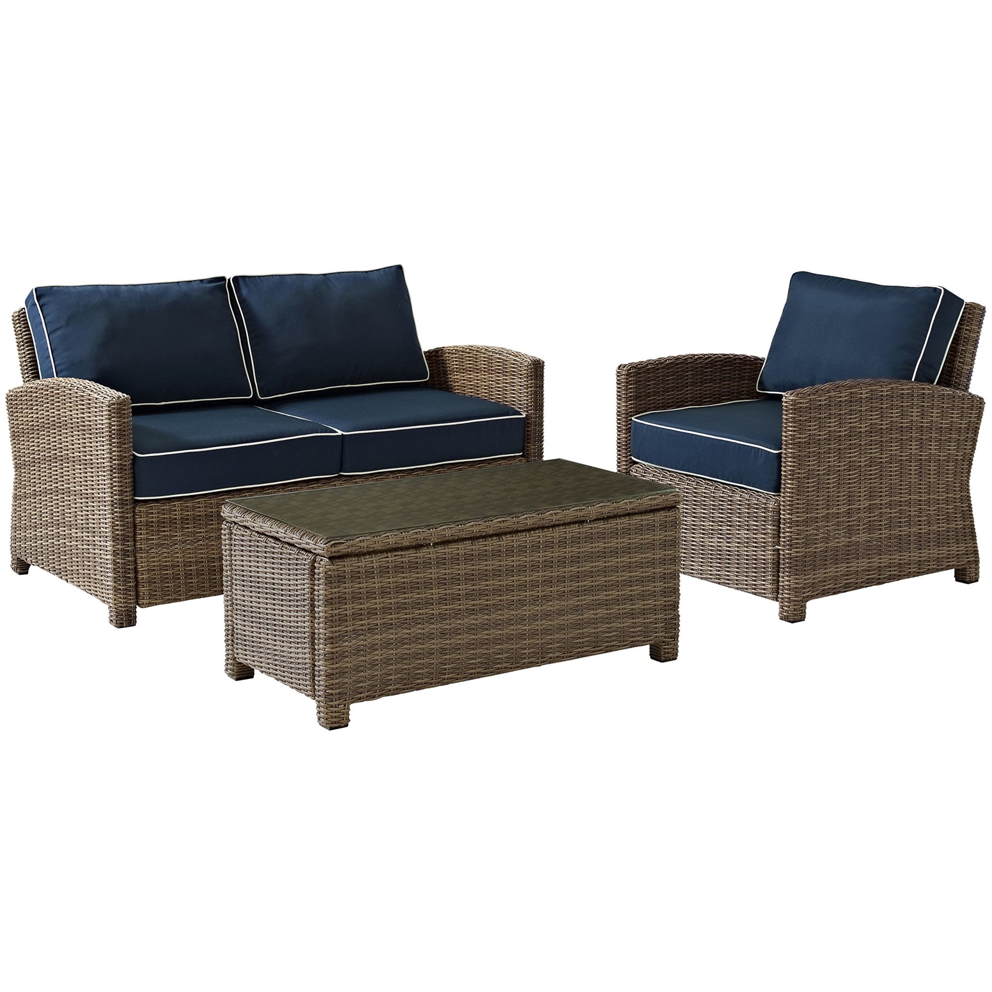 Casafoyer Furniture Bradenton 3-Piece Outdoor Loveseat Patio Furniture Set, Wicker Conversation Sets For Porch, Brown With Navy Cushions