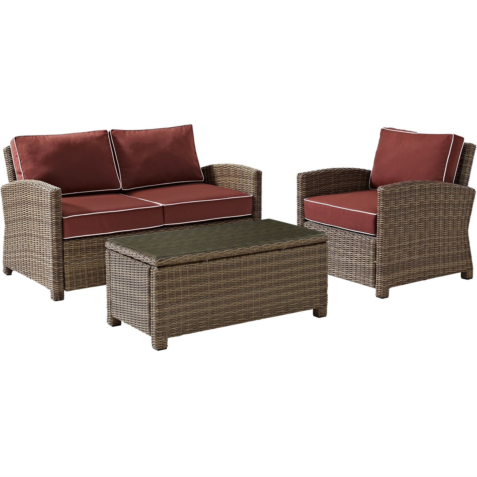 Casafoyer Furniture Bradenton 3-Piece Outdoor Loveseat Patio Furniture Set, Wicker Conversation Sets For Porch, Brown With Sangria Cushions