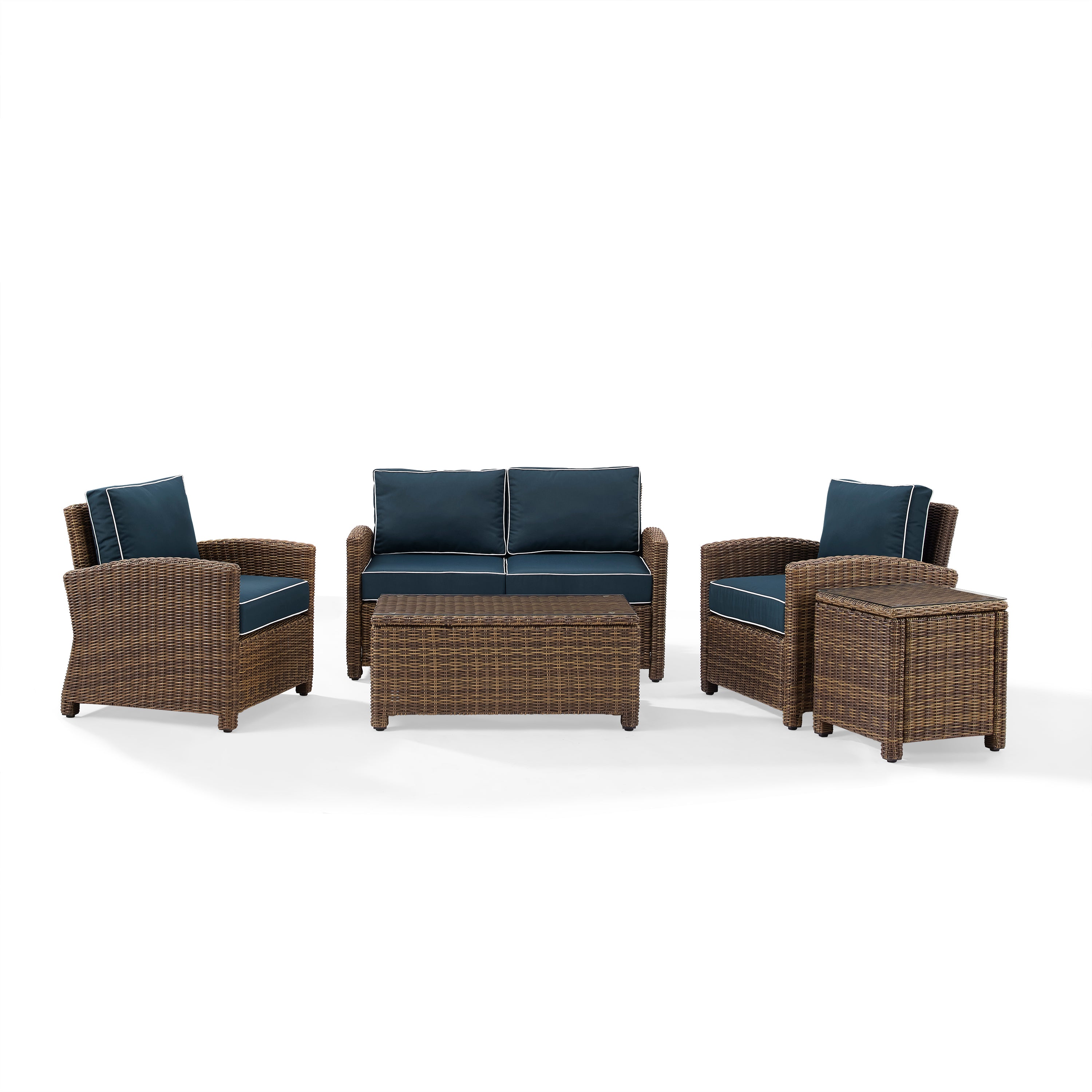Bradenton 5-Piece Outdoor Wicker Conversation Set With Navy Cushions - Loveseat, Two Arm Chairs, Side Table & Glass Top Table