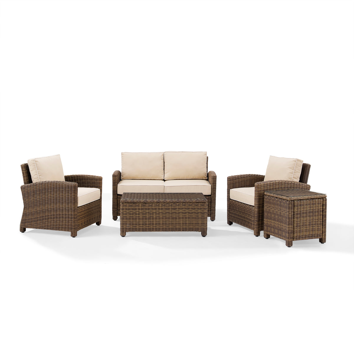 Bradenton 5-Piece Outdoor Wicker Conversation Set With Sand Cushions - Loveseat, Two Arm Chairs, Side Table & Glass Top Table