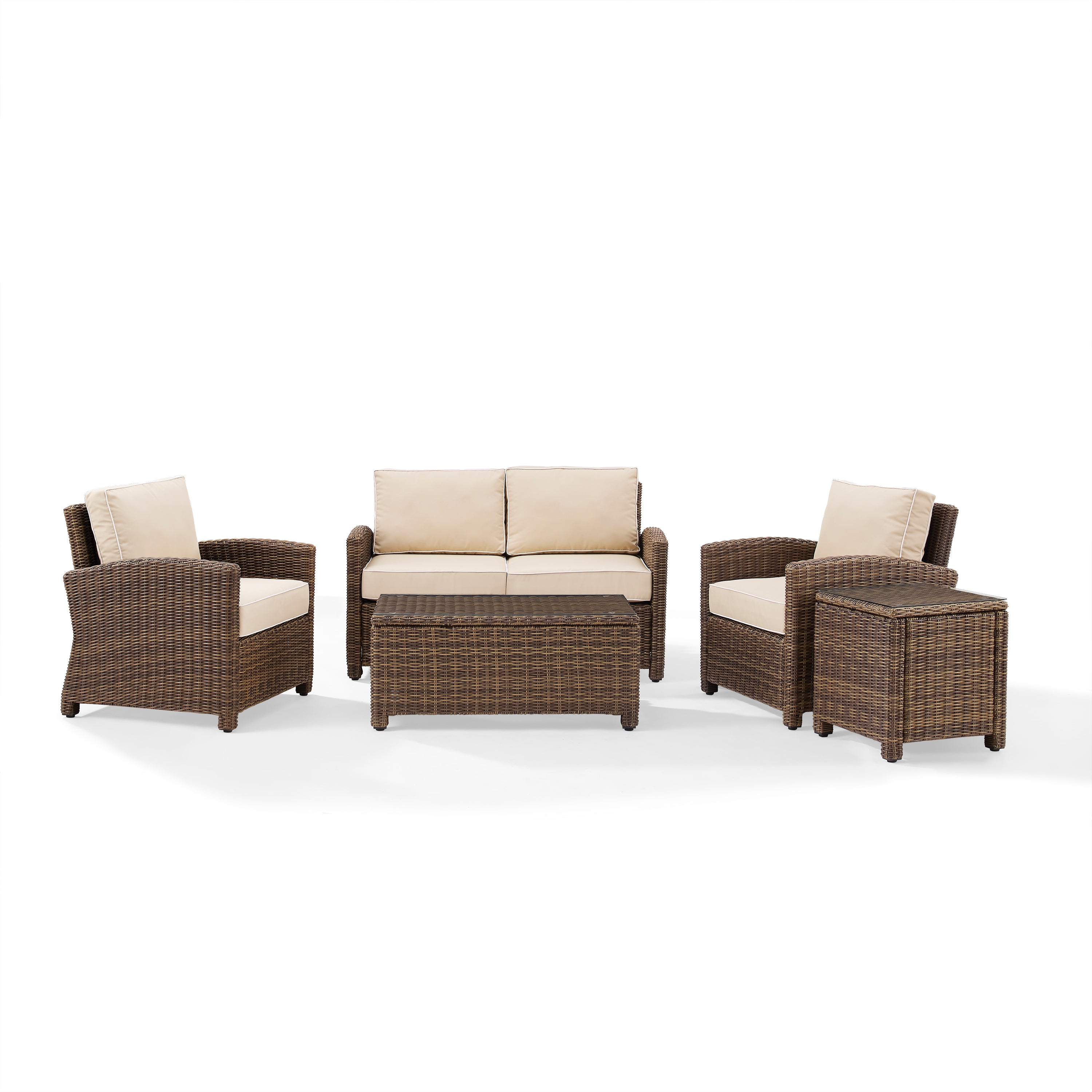 Bradenton 5Pc Conversation Set - Durable Steel Frame, Weather-Resistant Wicker, Moisture-Repelling Cushions, Arched Arms, Deep Seating, Glass Top Tables