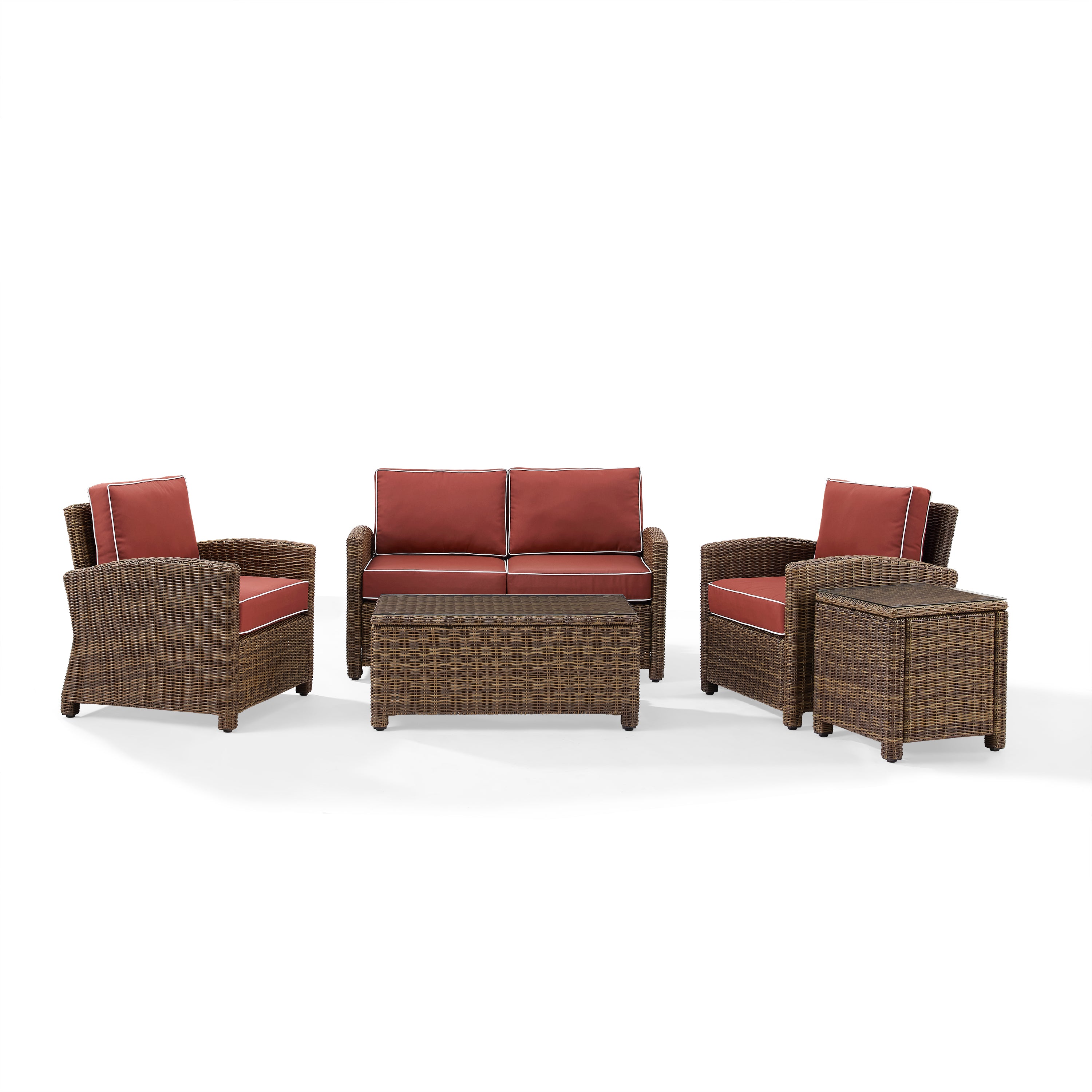Bradenton 5-Piece Outdoor Wicker Conversation Set With Sangria Cushions - Loveseat, Two Arm Chairs, Side Table & Glass Top Table