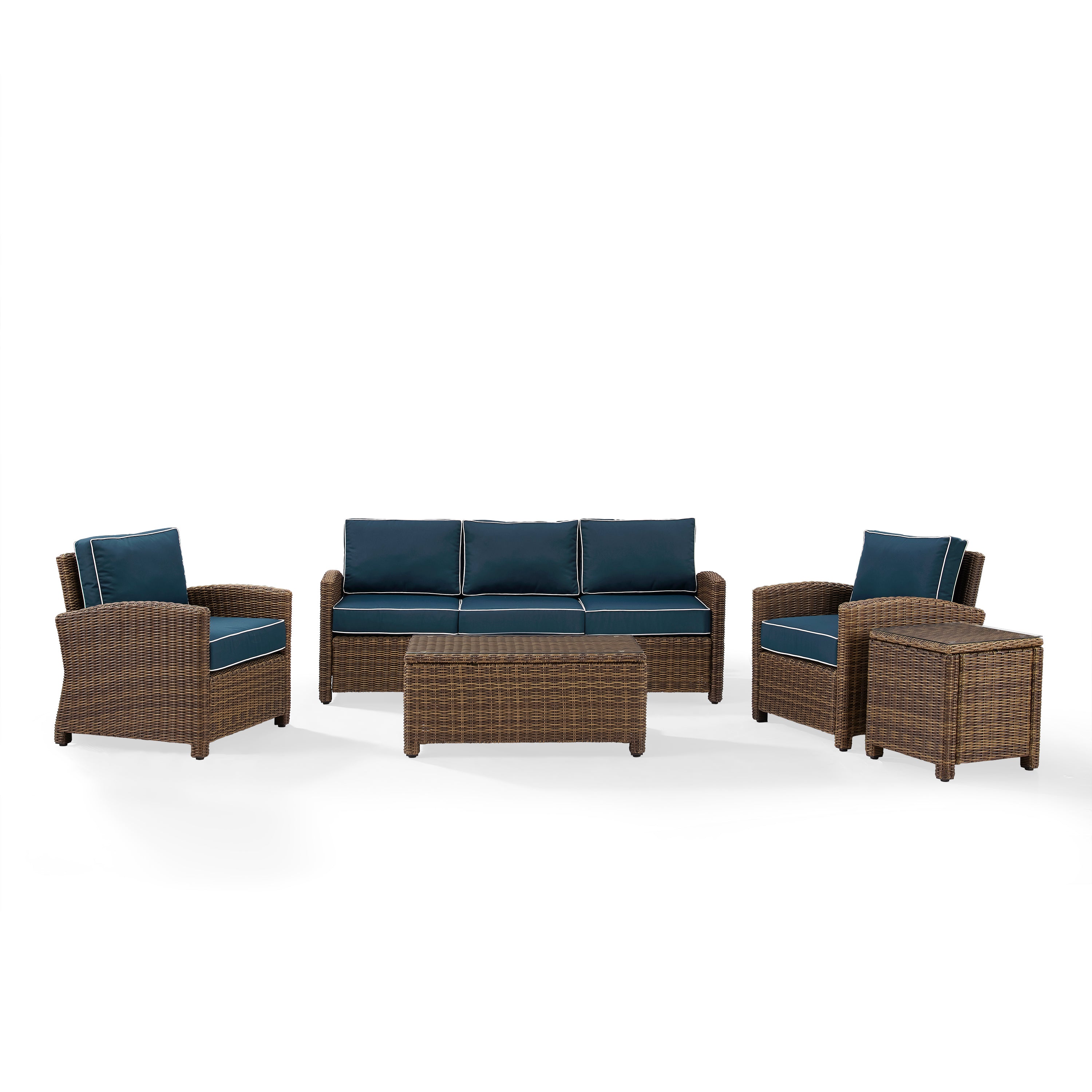 Bradenton 5-Piece Outdoor Wicker Sofa Conversation Set With Navy Cushions - Sofa, Two Arm Chairs, Side Table & Glass Top Table