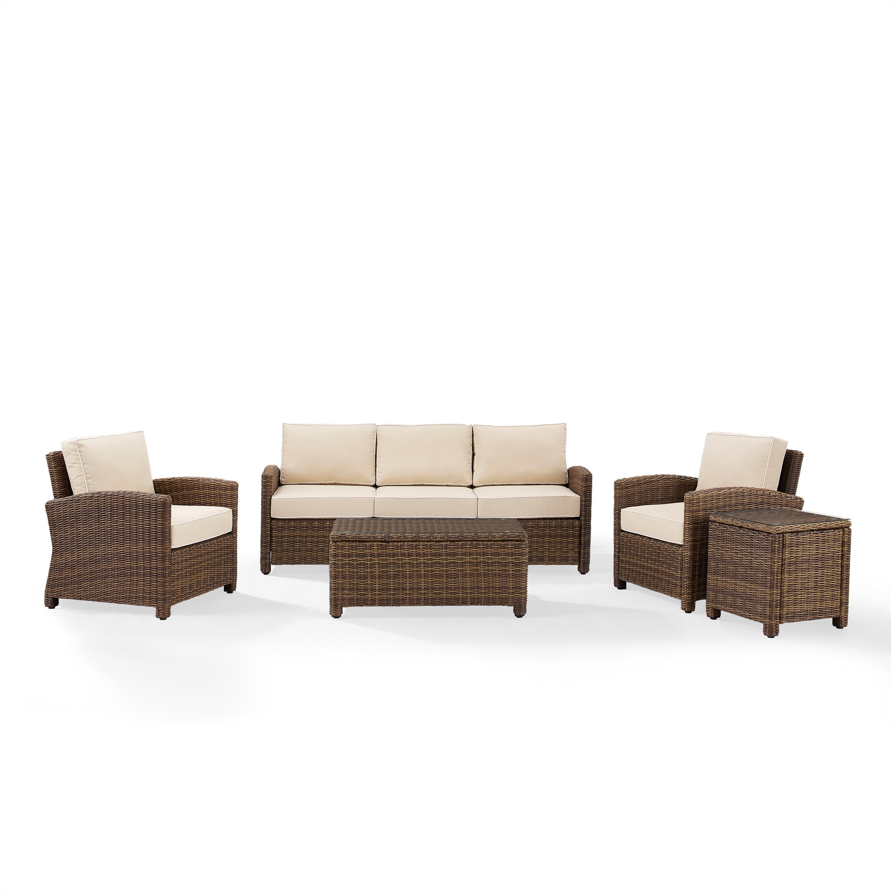 Bradenton 5-Piece Outdoor Wicker Sofa Conversation Set With Sand Cushions - Sofa, Two Arm Chairs, Side Table & Glass Top Table
