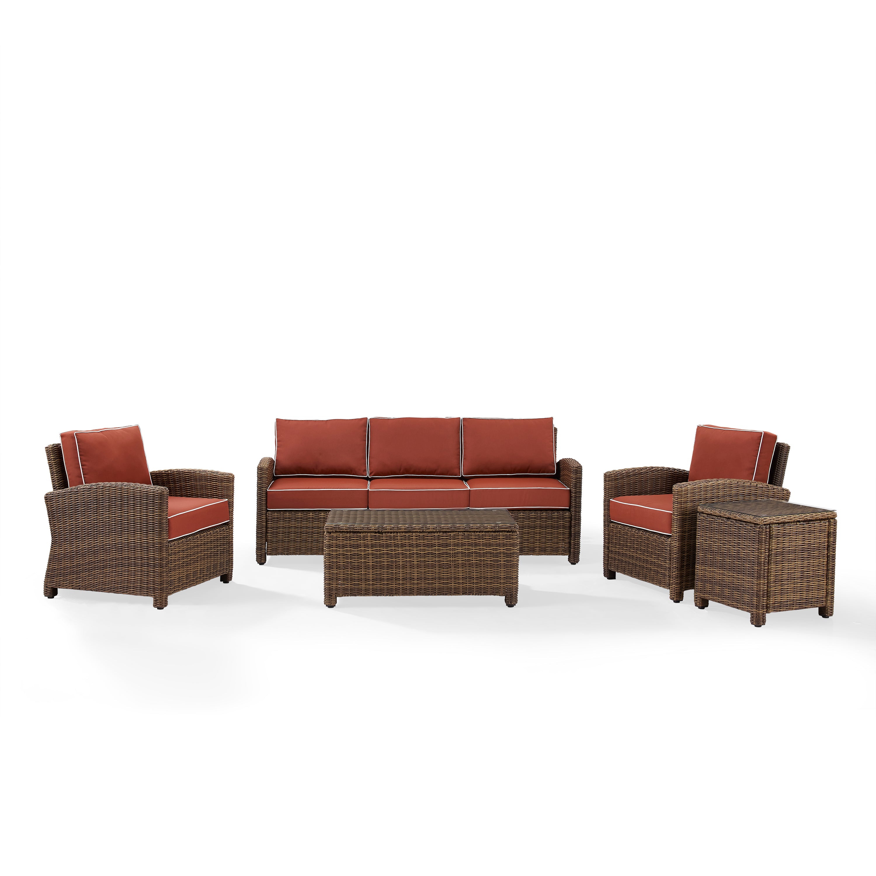 Bradenton 5-Piece Outdoor Wicker Sofa Conversation Set With Sangria Cushions - Sofa, Two Arm Chairs, Side Table & Glass Top Table