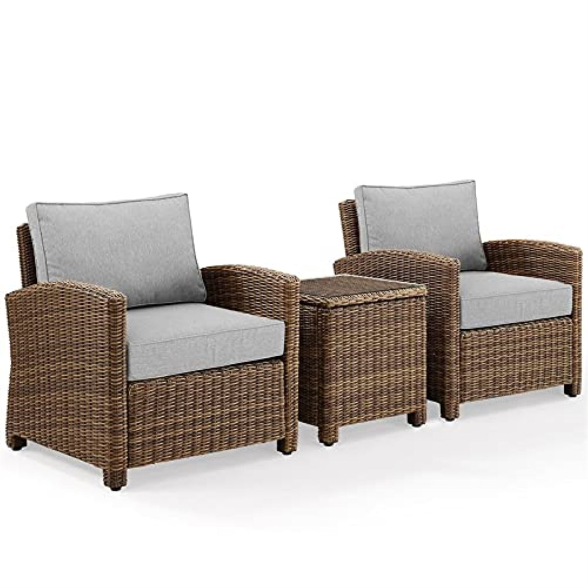 Bradenton 3Pc Outdoor Wicker Armchair Set - Gray/Weathered Brown, Steel Frames, All-Weather Wicker, Moisture-Resistant Cushions