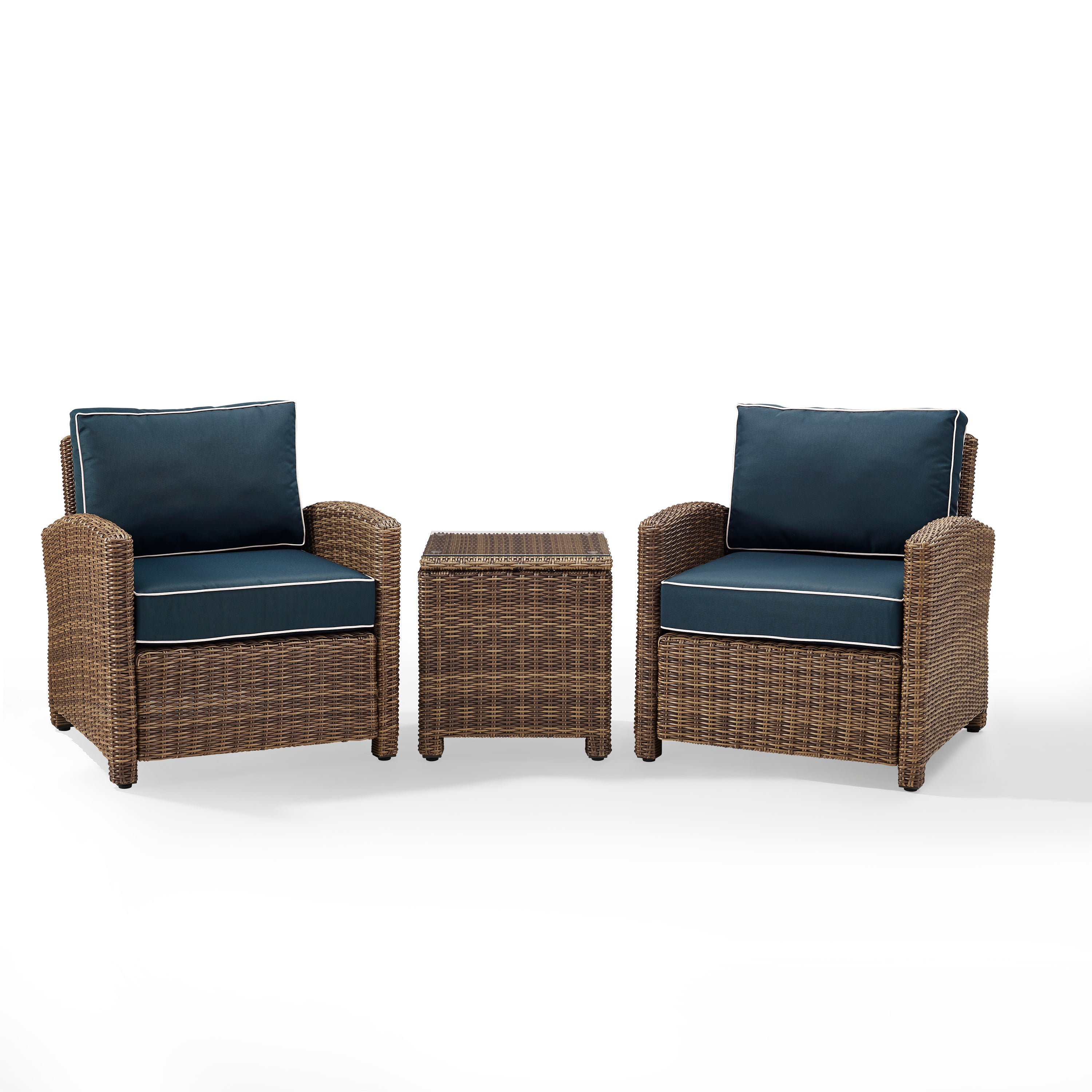 Bradenton 3-Piece Outdoor Wicker Conversation Set With Navy Cushions - Two Arm Chairs & Side Table