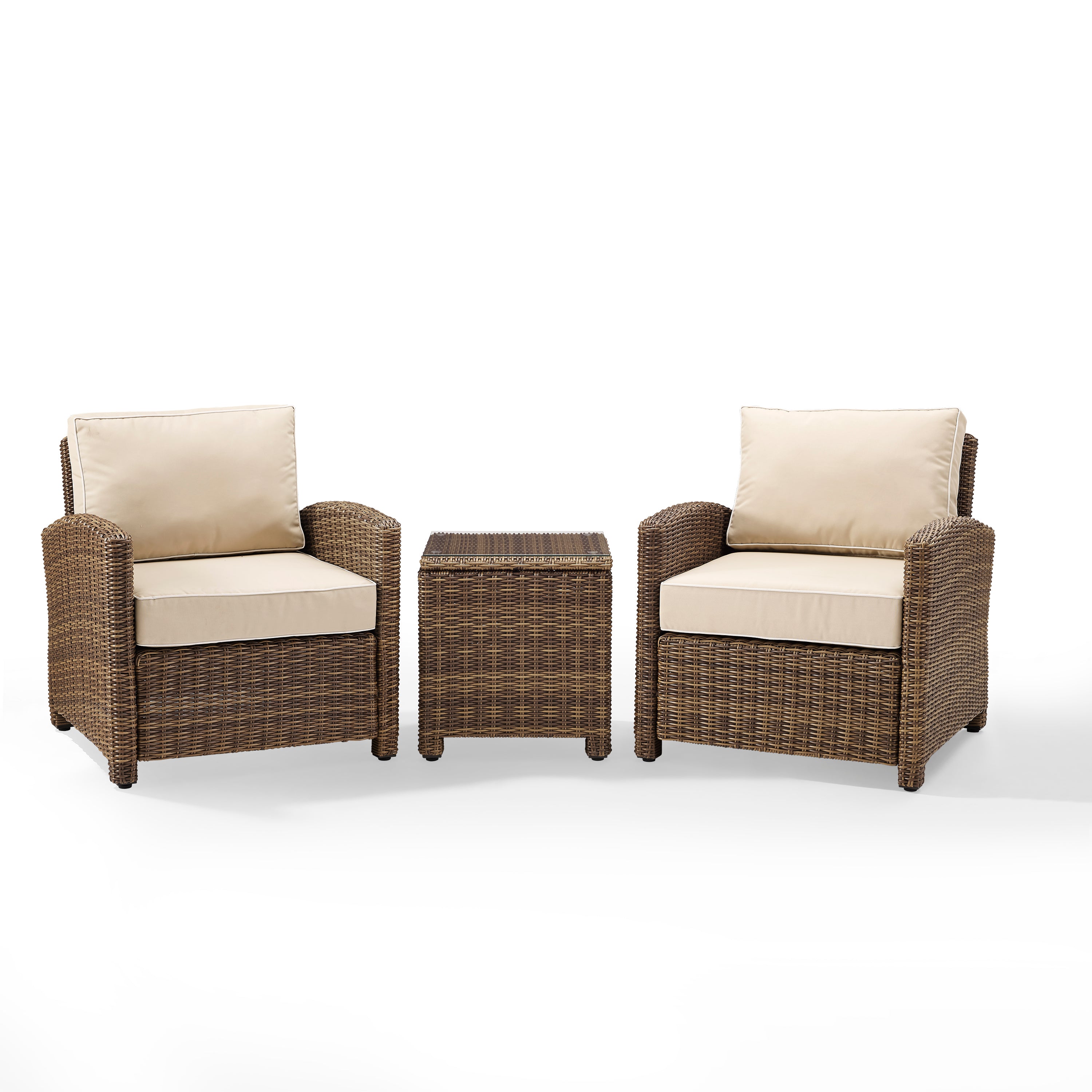 Bradenton 3-Piece Outdoor Wicker Conversation Set With Sand Cushions - Two Arm Chairs & Side Table