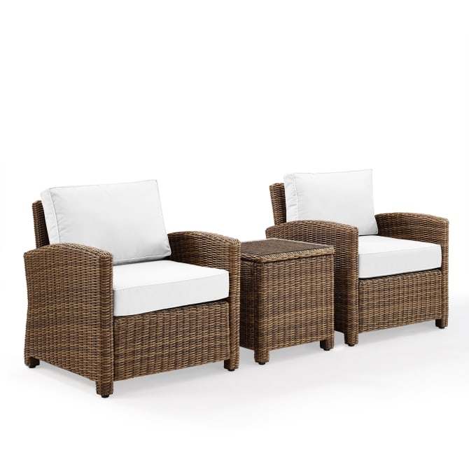 Bradenton 3Pc Outdoor Wicker Armchair Set - Steel Frame, Sunbrella Fabric, Side Table & Cushions