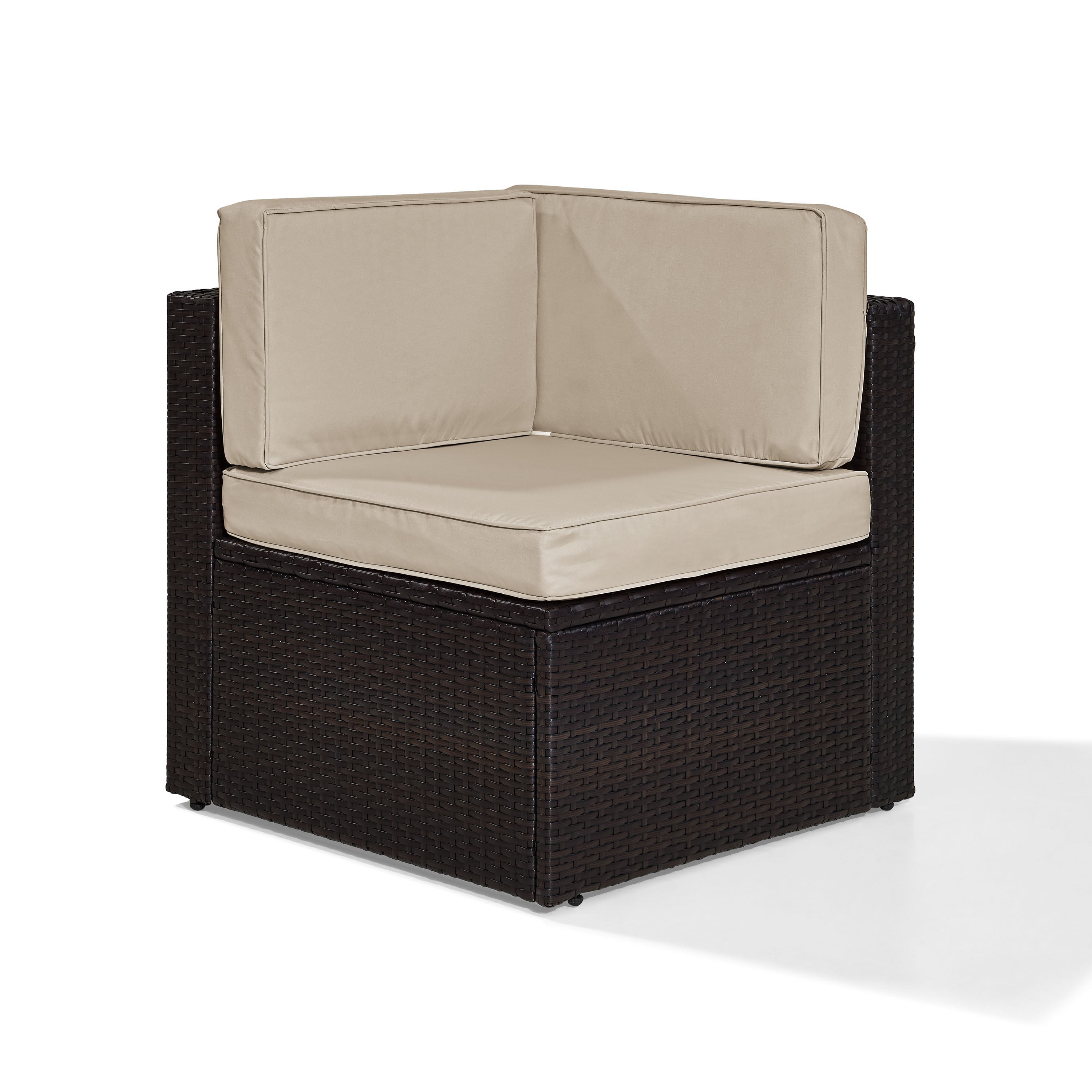 Palm Harbor Outdoor Wicker Corner Chair In Brown With Sand Cushions