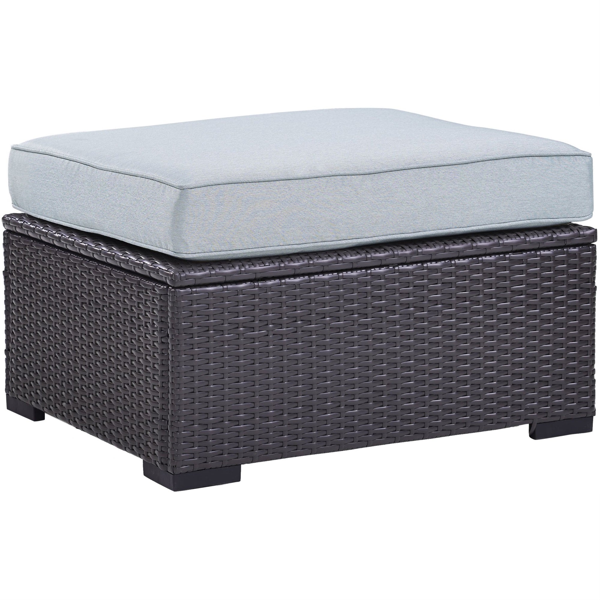 Casafoyer Furniture Biscayne Wicker Outdoor Ottoman Foot Rest For Patio, Deck, Porch, Brown With Mist Cushions