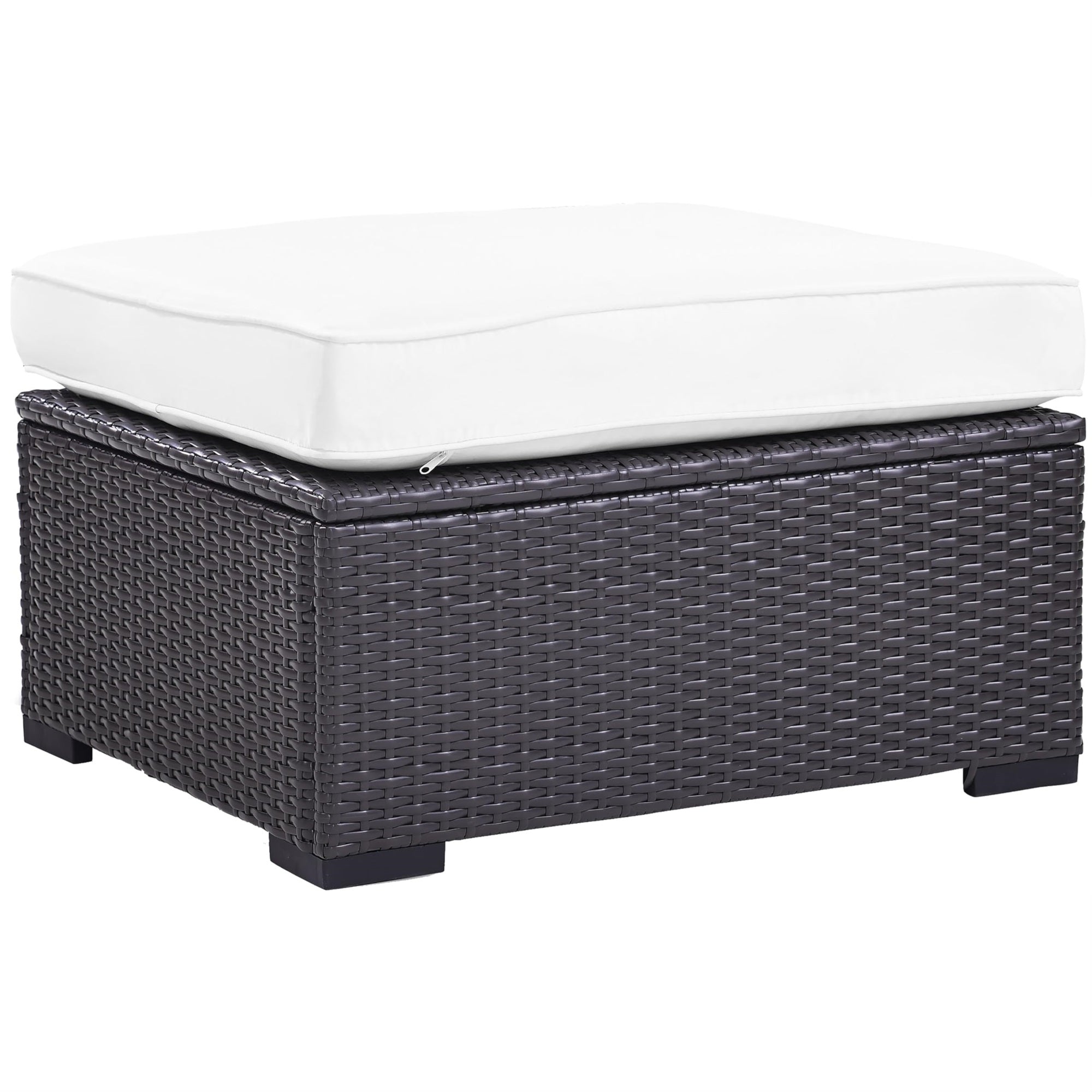 Casafoyer Furniture Biscayne Wicker Outdoor Ottoman Foot Rest For Patio, Deck, Porch, Brown With White Cushions