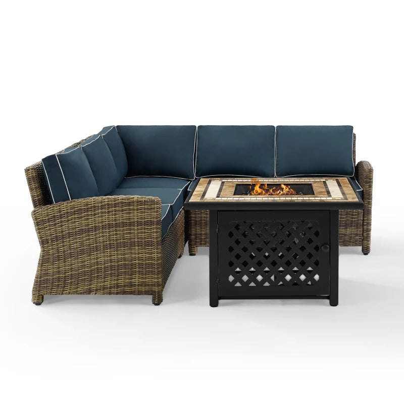 Bradenton 4Pc Outdoor Wicker Sectional Set W/Fire Table Weathered Brown/Navy - Right Corner Loveseat, Left Corner Loveseat, Corner Chair, & Tucson Fire Table