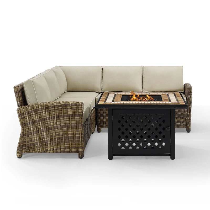 Bradenton 4Pc Outdoor Wicker Sectional Set W/Fire Table Weathered Brown/Sand - Right Corner Loveseat, Left Corner Loveseat, Corner Chair, & Tucson Fire Table