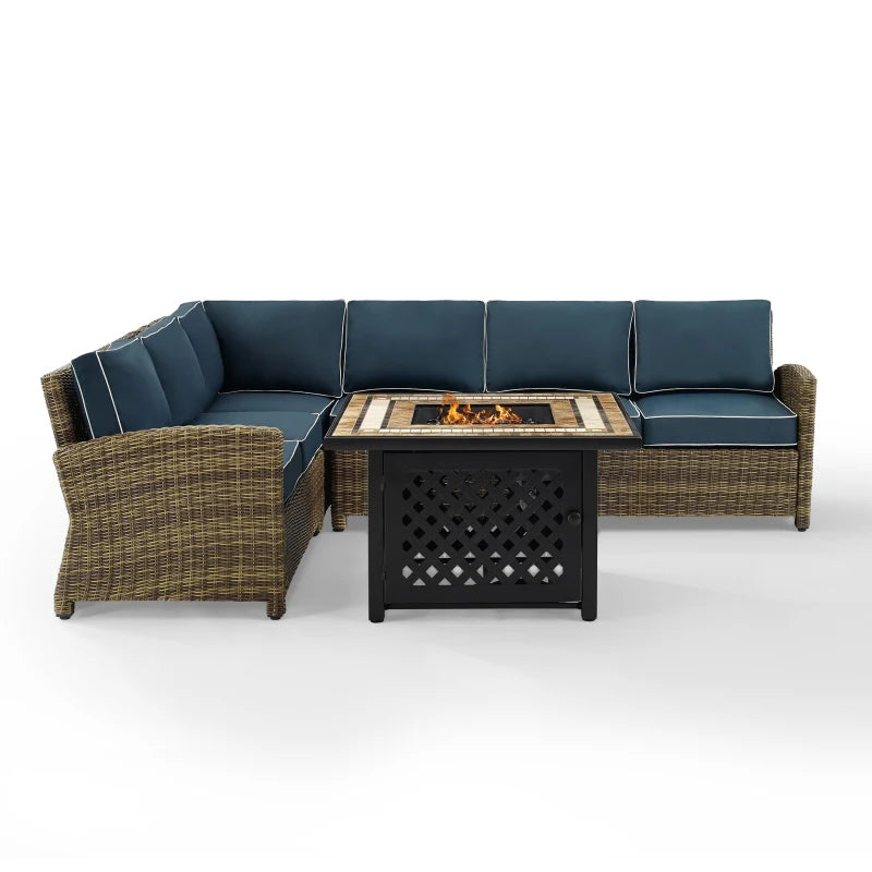 Bradenton 5Pc Outdoor Wicker Sectional Set W/Fire Table Weathered Brown/Navy - Right Corner Loveseat, Left Corner Loveseat, Corner Chair, Center Chair, & Tucson Fire Table