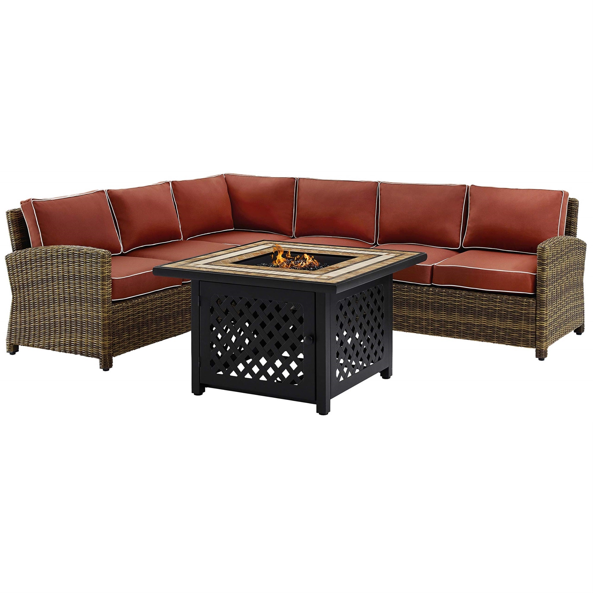 Casafoyer Furniture Bradenton 5-Piece Wicker Outdoor Sectional Sofa Patio Furniture Set With Fire Pit Table, Brown With Sangria Cushions