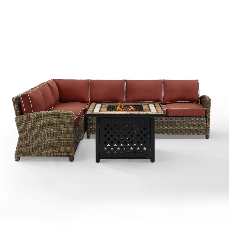 Bradenton 5Pc Sectional Set With Fire Table - Outdoor Wicker, Weathered Brown/Sand, Ample Seating For 6, Solution-Dyed Polyester Cushions