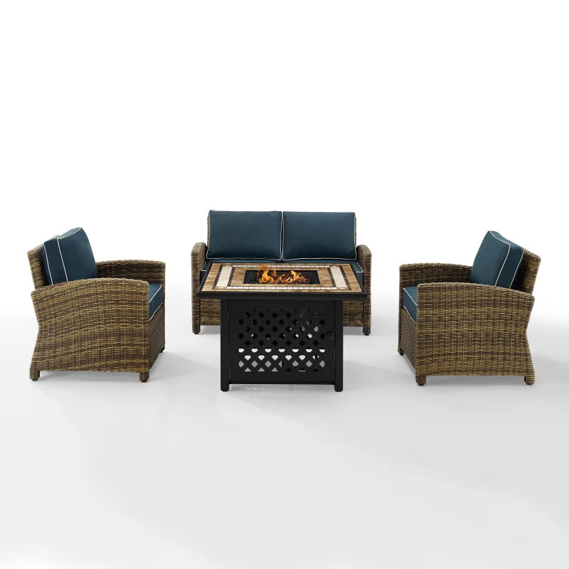 Bradenton 4Pc Outdoor Wicker Conversation Set W/Fire Table Weathered Brown/Navy - Loveseat, Tucson Fire Table, & 2 Arm Chairs