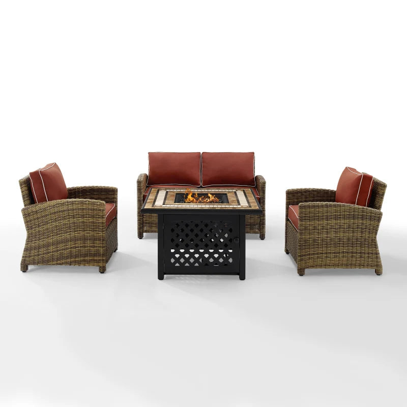 Bradenton 4Pc Outdoor Wicker Conversation Set W/Fire Table Weathered Brown/Sangria - Loveseat, Tucson Fire Table, & 2 Arm Chairs