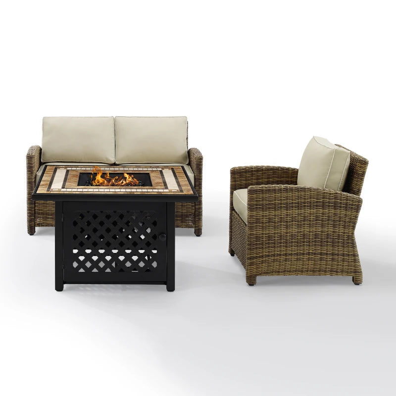 Bradenton 3Pc Outdoor Wicker Conversation Set W/Fire Table Weathered Brown/Sand - Loveseat, Armchair, & Tucson Fire Table
