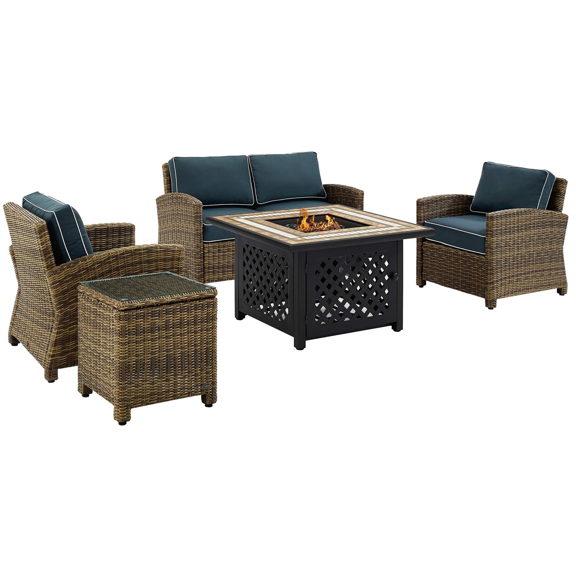 Casafoyer Furniture Bradenton 5-Piece Wicker Outdoor Loveseat Patio Furniture Set With Gas Fire Pit Table, Brown With Navy Cushions