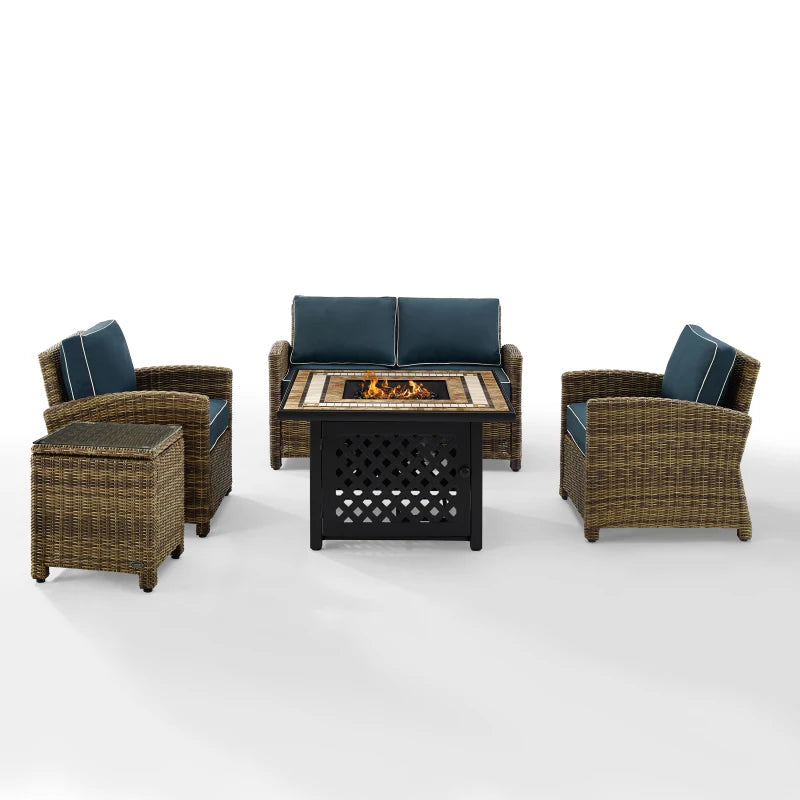 Bradenton 5Pc Outdoor Wicker Conversation Set With Fire Table - Cozy Fire, All-Weather Resin Wicker, Loveseat, Armchairs, Side Table