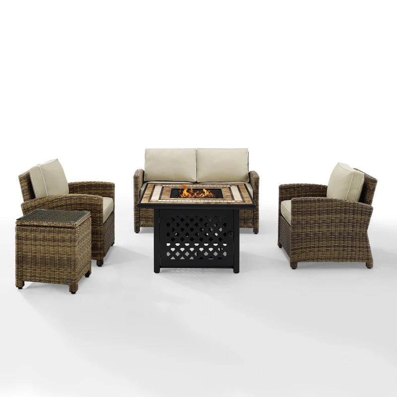 Bradenton 5Pc Outdoor Wicker Conversation Set W/Fire Table Weathered Brown/Sand - Loveseat, Side Table, Tucson Fire Table, & 2 Armchairs