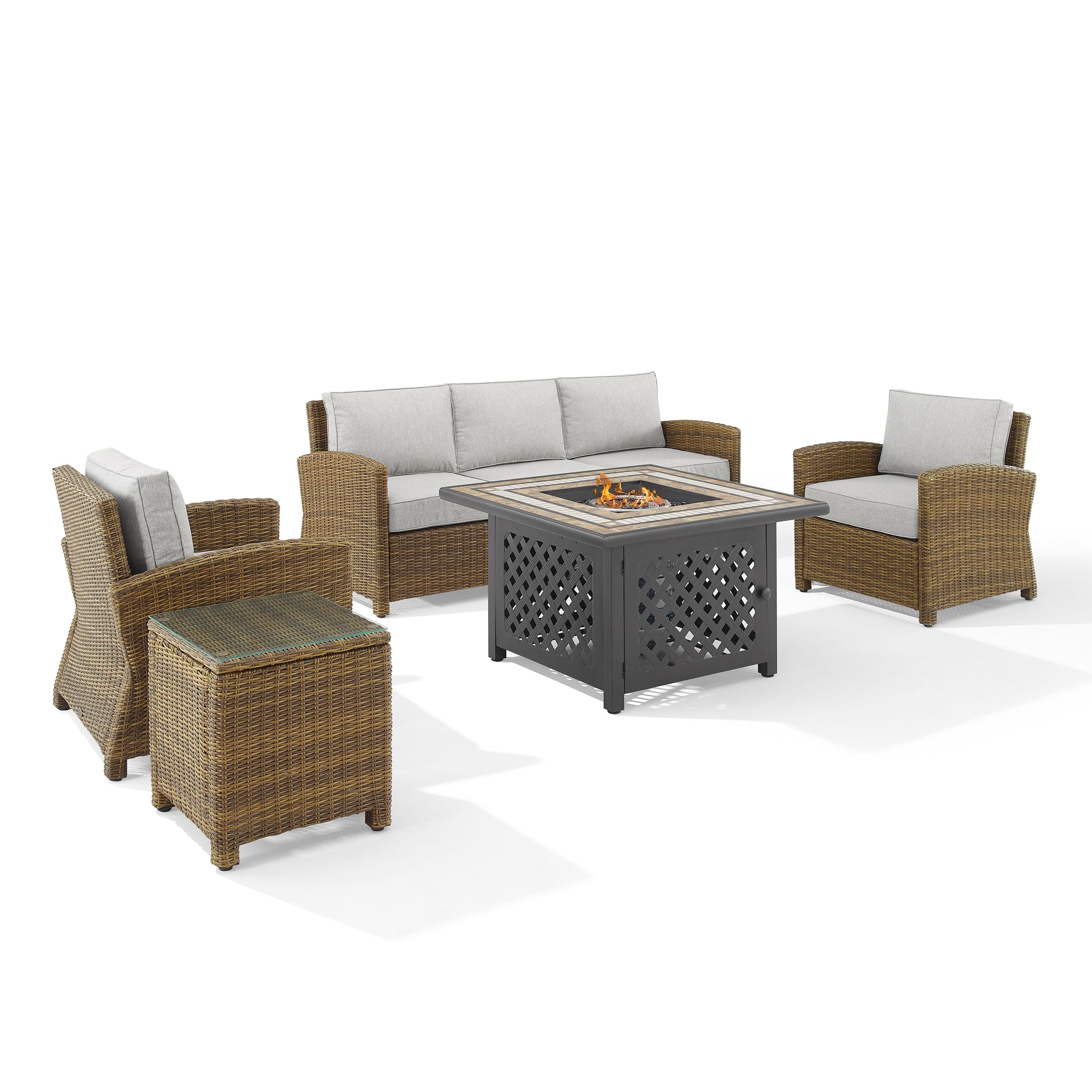 Bradenton 5Pc Outdoor Wicker Sofa Set W/Fire Table- Sofa, Side Table, Tucson Fire Table, & 2 Armchairs