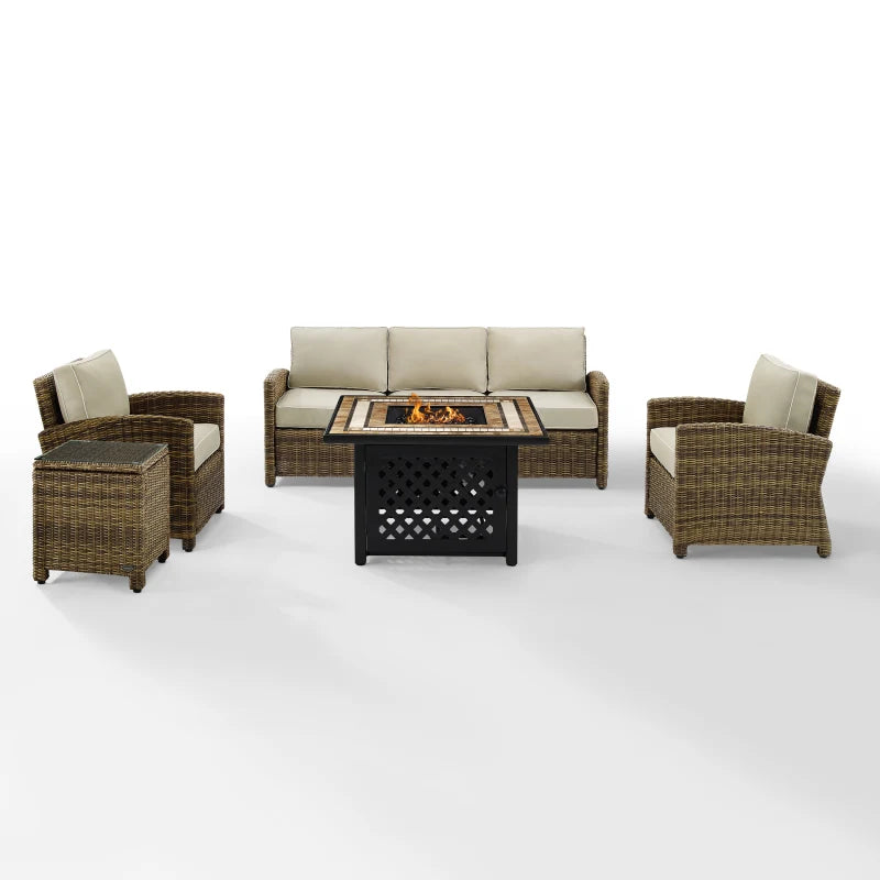 Bradenton 5Pc Outdoor Wicker Sofa Set W/Fire Table Weathered Brown/Sand - Sofa, Side Table, Tucson Fire Table, & 2 Armchairs