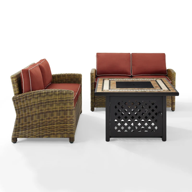 Bradenton 3Pc Outdoor Wicker Conversation Set W/Fire Table Sangria/Weathered Brown - Tucson Fire Table & 2 Loveseats