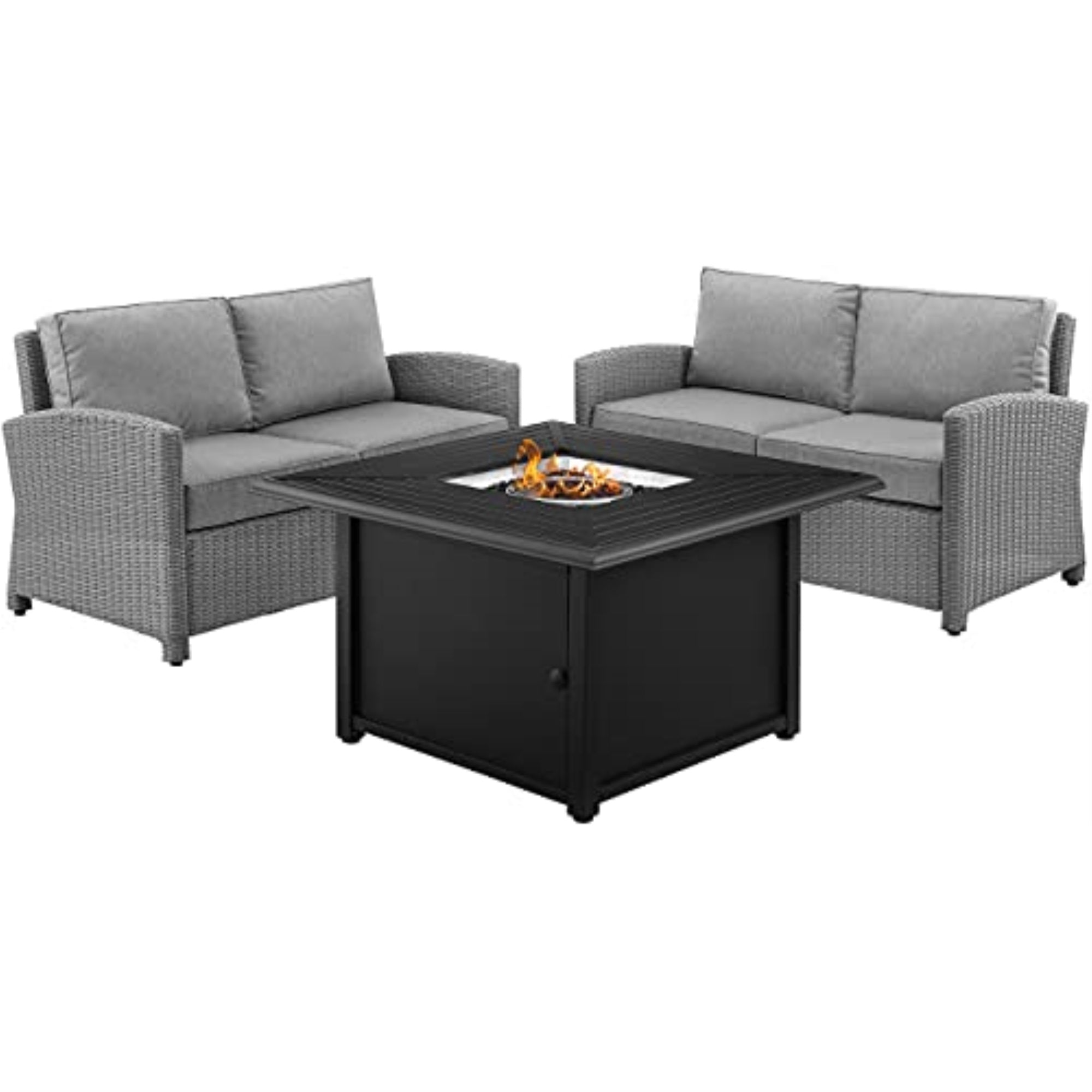 Ergode Ko70170Gy-Gy Bradenton 3Pc Wicker Loveseat Set With Fire Table - Gray, All-Weather Resin Wicker, Cozy Cushions, Gas Controls