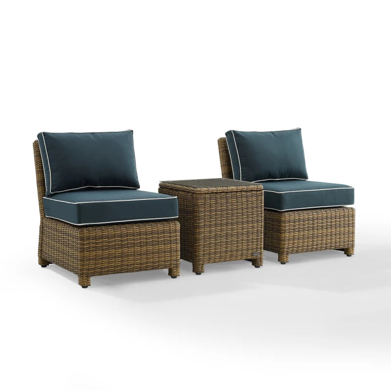 Bradenton 3Pc Outdoor Wicker Chair Set In Navy/Weathered Brown - Durable, Weather-Resistant, Deep Seating, Moisture-Resistant Cushions