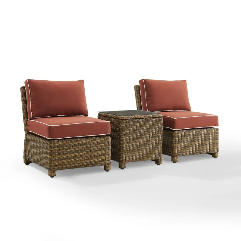 Bradenton 3Pc Outdoor Wicker Chair Set - Sangria/Weathered Brown - Steel Frames - All-Weather Wicker - Moisture-Resistant Cushions - Deep Seating - Glass Top Side Table