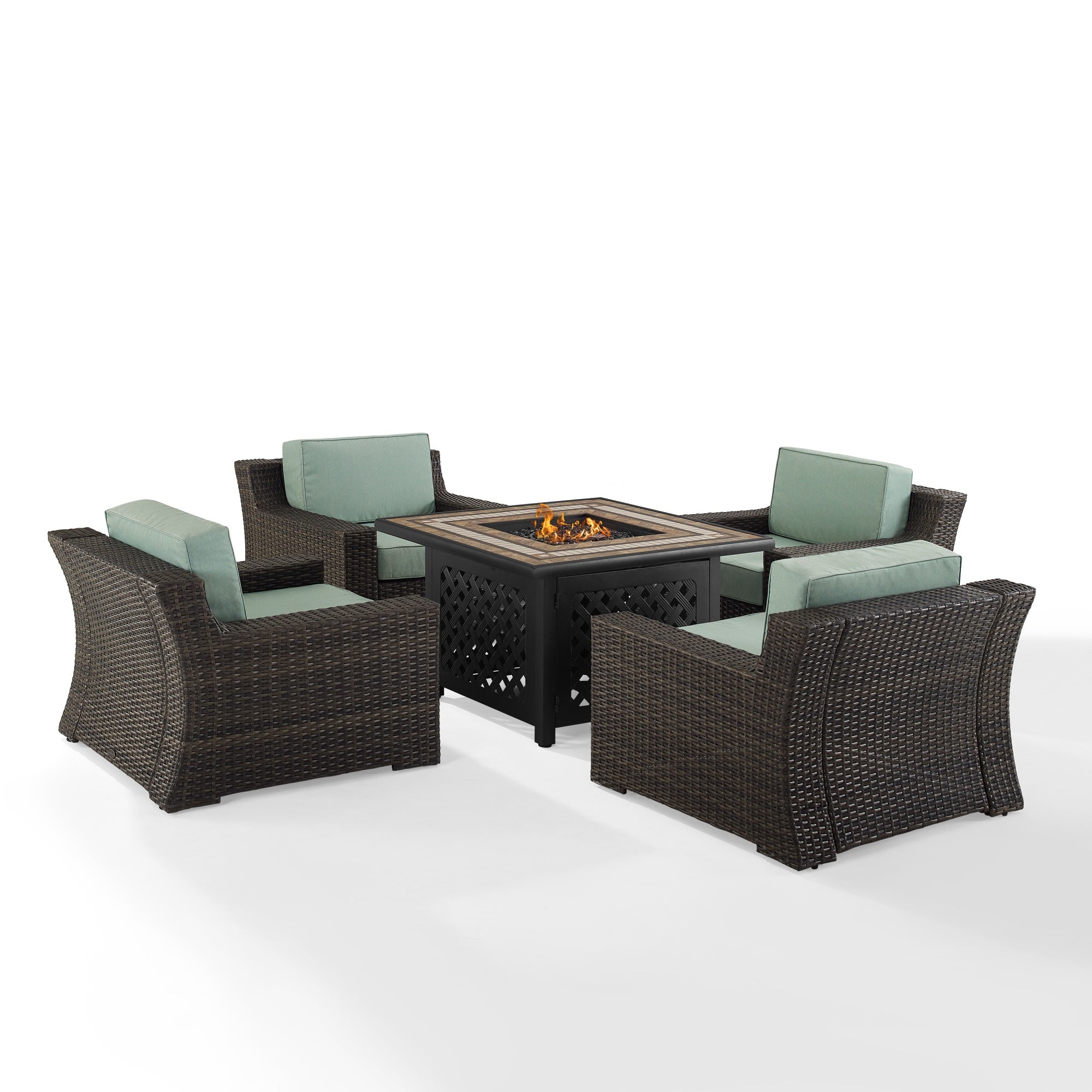 Beaufort 5Pc Fire Seating Set - Weather-Resistant Wicker Chairs & Propane Fire Table. Cozy Up In Style With Deep Seats, Plush Cushions, And Rustic Charm.