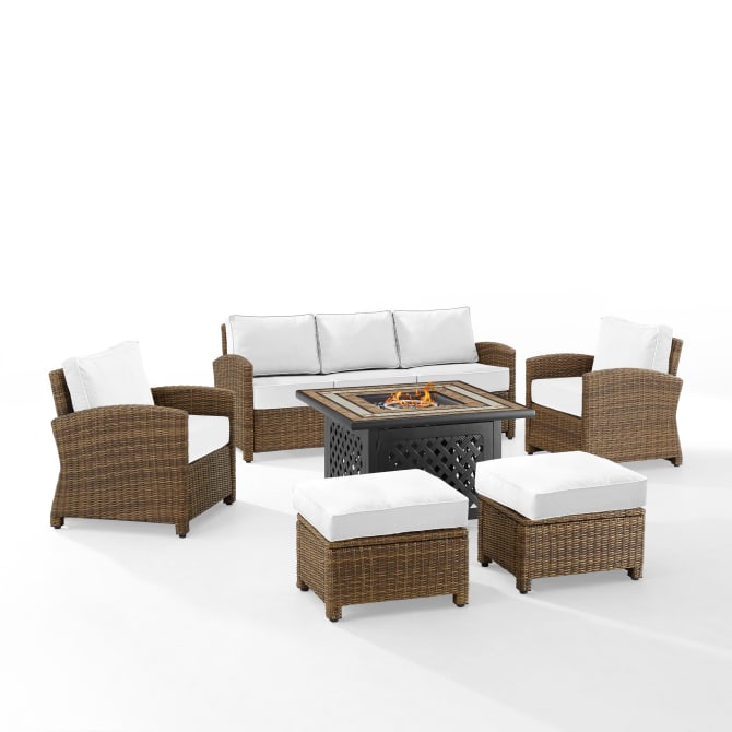 Bradenton 6Pc Outdoor Sofa Set W/Fire Table - Sunbrella- Tucson Fire Table, Sofa, 2 Armchairs & 2 Ottomans