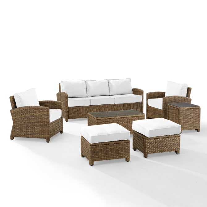 Bradenton 7Pc Outdoor Wicker Sofa Set - Sunbrella- Sofa, Coffee Table, Side Table, 2 Armchairs & 2 Ottomans